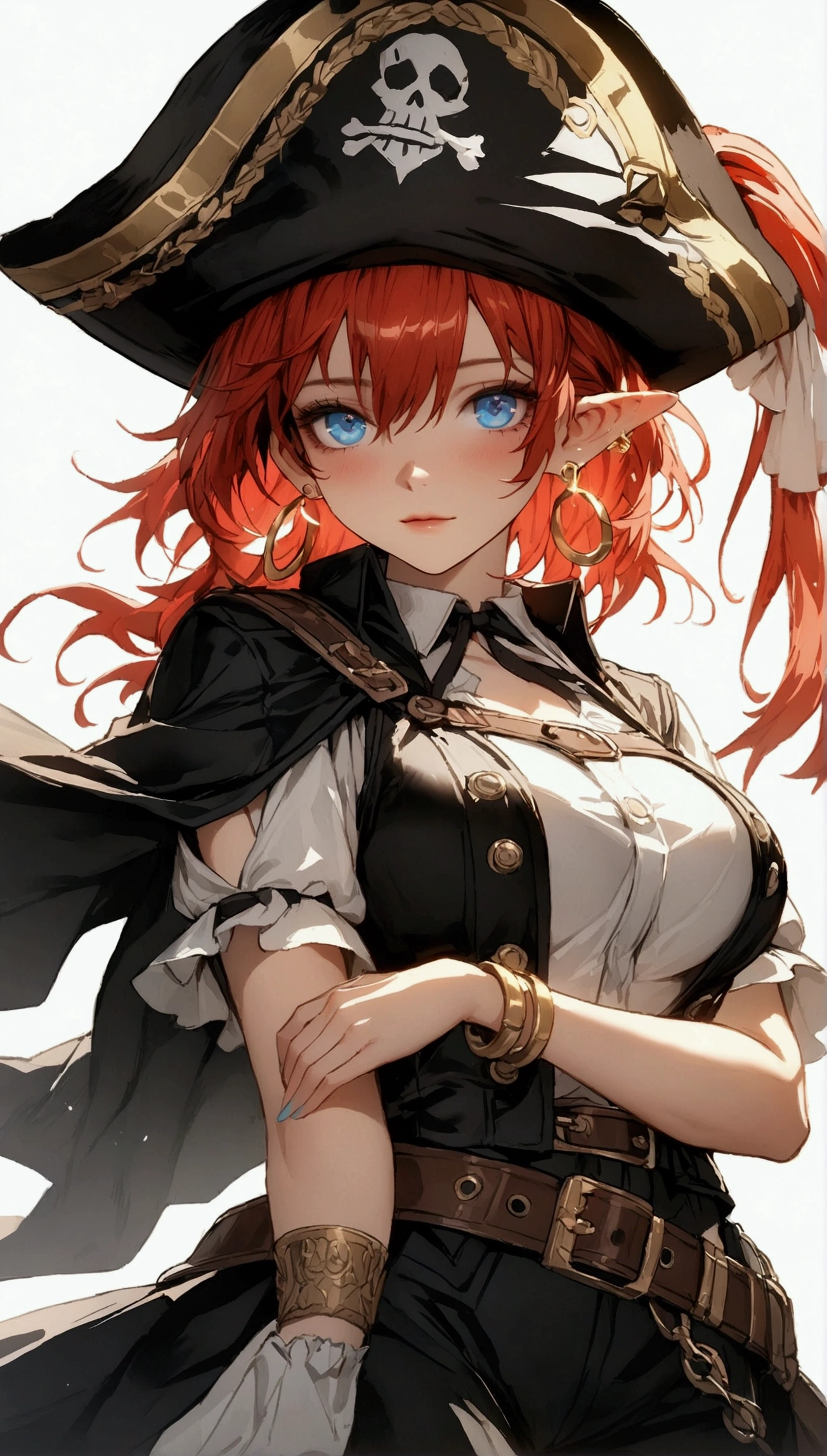 (Masterpiece. The best quality. 8K. Sharp focus. Depth of field, The best shadows. Perfect lighting. HDR. Realistic skin texture. Ultra-detailed background. Detail). Anime style. Honkai: Star Rail. March 7. 1 girl. Fiery red hair, short hair. Azure blue eyes, beautiful eyes, beautiful eyes, expressive eyes. Beautiful nose, perfect facial features. B-size breasts, beautiful breasts. Long beautiful legs. Arms crossed on chest, right hand near face, right hand placed on cheek, Ara Ara. Pirate hat, white blouse, pirate pants, pirate knee-length boots, elbow-length leather gloves, wide belt on waist, gold bracelets on hands, gold hoop earrings in ears. Pirate uniform-cloak. Shoulder straps with Jolly Roger on shoulders. On the belt there is a saber and a musket. Stands at full height at the ship's helm. Full body.