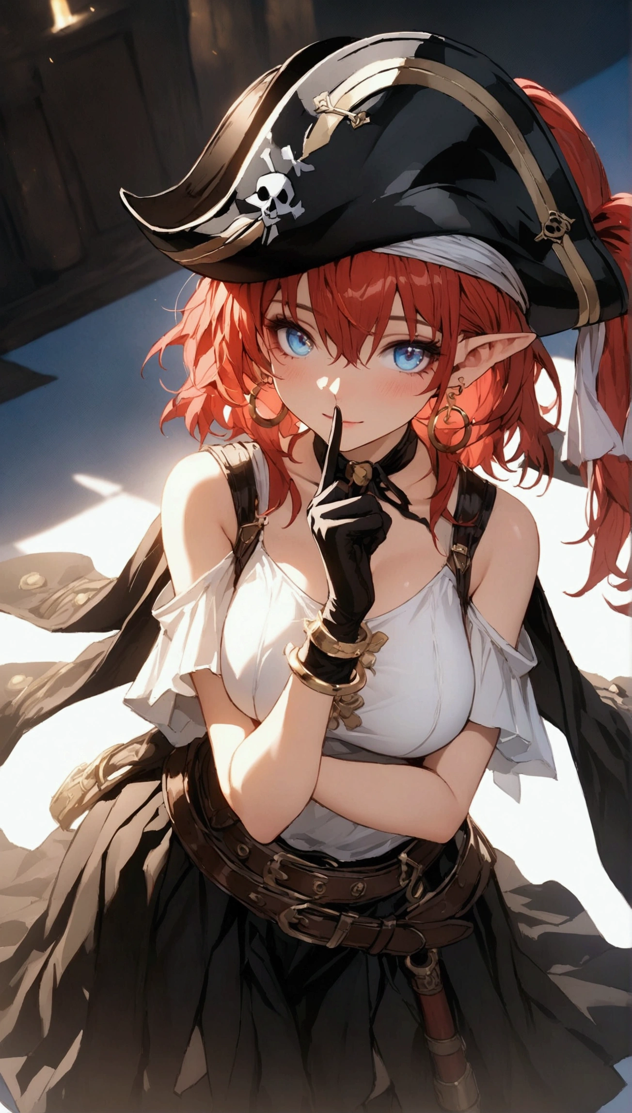 (Masterpiece. The best quality. 8K. Sharp focus. Depth of field, The best shadows. Perfect lighting. HDR. Realistic skin texture. Ultra-detailed background. Detail). Anime style. Honkai: Star Rail. March 7. 1 girl. Fiery red hair, short hair. Azure blue eyes, beautiful eyes, beautiful eyes, expressive eyes. Beautiful nose, perfect facial features. B-size breasts, beautiful breasts. Long beautiful legs. Arms crossed on chest, right hand near face, right hand placed on cheek, Ara Ara. Pirate hat, white blouse, pirate pants, pirate knee-length boots, elbow-length leather gloves, wide belt on waist, gold bracelets on hands, gold hoop earrings in ears. Pirate uniform-cloak. Shoulder straps with Jolly Roger on shoulders. On the belt there is a saber and a musket.  Stands at full height at the ship's helm. Full body.
