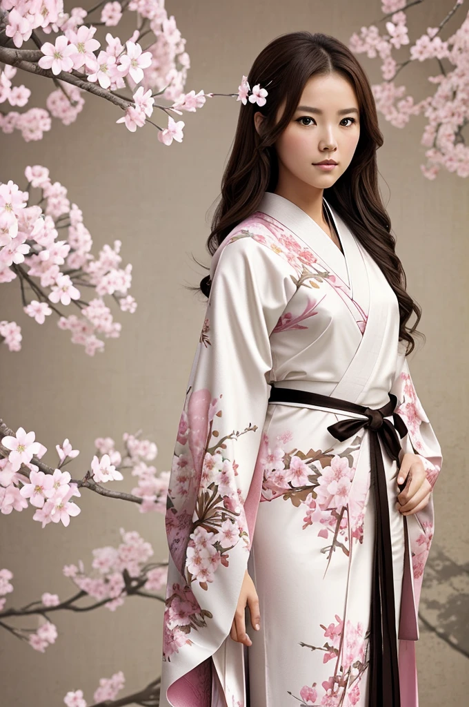 Pencil sketch concept artwork of brown haired girl in a kimono white in color and has pink flowers on branches as artwork. She also has two katanas.