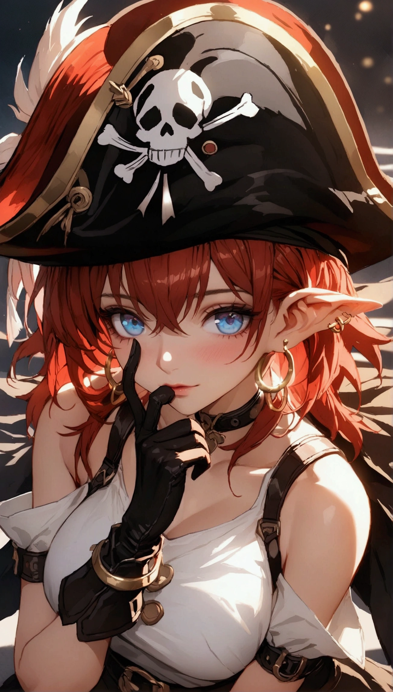 (Masterpiece. The best quality. 8K. Sharp focus. Depth of field, The best shadows. Perfect lighting. HDR. Realistic skin texture. Ultra-detailed background. Detail). Anime style. Honkai: Star Rail. March 7. 1 girl. Fiery red hair, short hair. Azure blue eyes, beautiful eyes, beautiful eyes, expressive eyes. Beautiful nose, perfect facial features. B-size breasts, beautiful breasts. Long beautiful legs. Arms crossed on chest, right hand near face, right hand placed on cheek, Ara Ara. Pirate hat, white blouse, pirate pants, pirate knee-length boots, elbow-length leather gloves, wide belt on waist, gold bracelets on hands, gold hoop earrings in ears. Pirate uniform-cloak. Shoulder straps with Jolly Roger on shoulders. On the belt there is a saber and a musket. Stands at full height at the ship's helm. Full body.