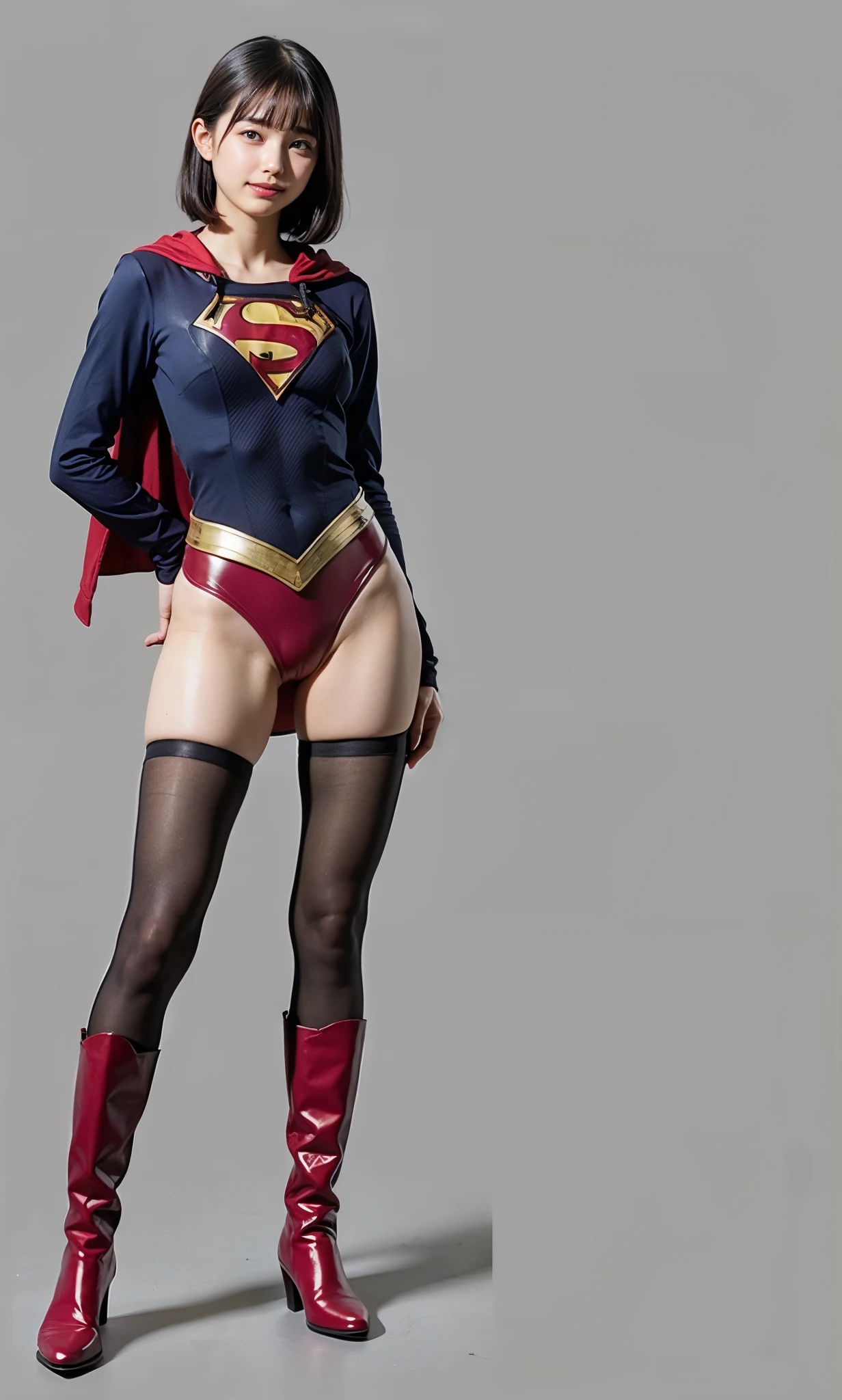 No background、(((Beautiful legs in black tights.)))、(((Legally express the beauty of your smile)))、((((Make the most of your original images)))、(((Supergirl Costume)))、(((Beautiful very short hair)))、(((suffering)))、(((Please wear black tights....、Wear red boots)))、((Best image quality、8k))、((Highest quality、8k、masterpiece:1.3))、(((Preserve background )))、Sharp focus:1.2、Beautiful woman with perfect figure:1.4、Slim Abs:1.2、Wet body:1.5、Highly detailed face and skin texture、8k