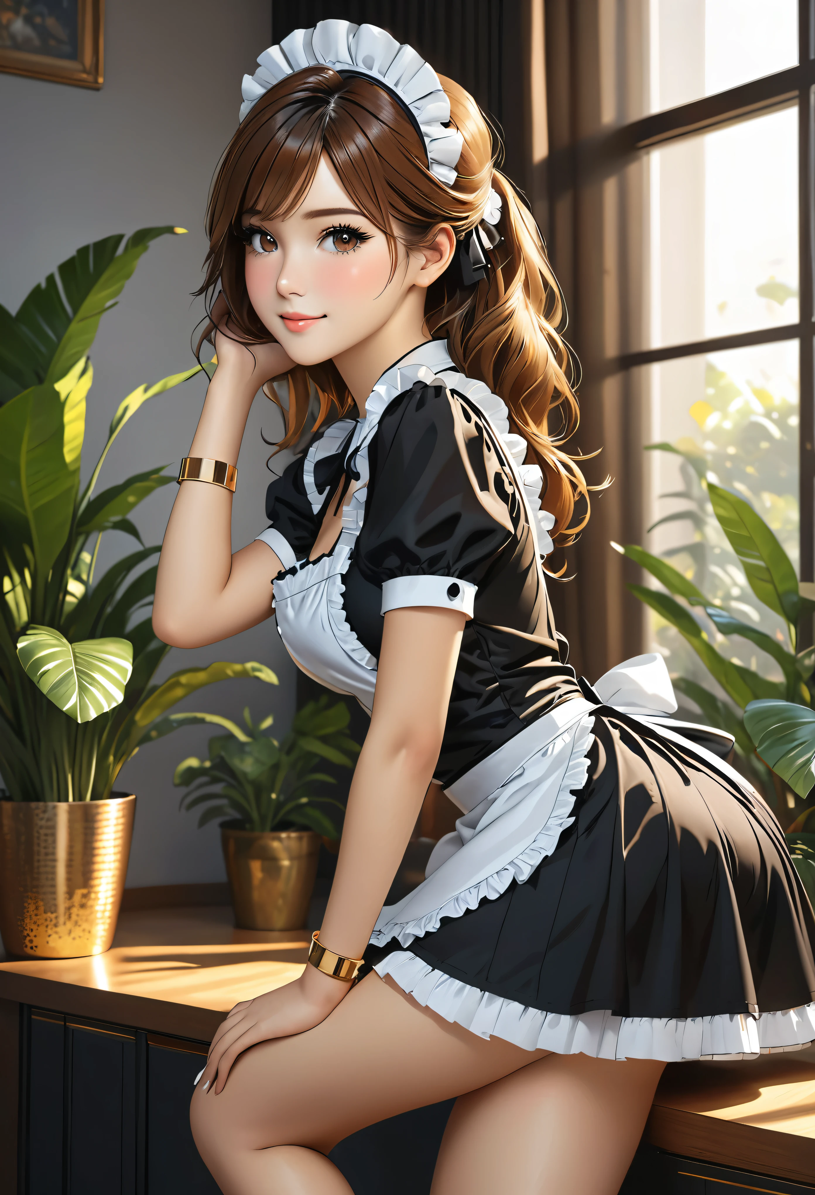 (young woman:1.5), (sexy maid outfit, black high heels, golden bracelet:1.2), long brown hair, brown eyes, (cheeky smilie), detailed skin texture, (realistic skin pores, skin impurities:1.4), bend over, looking back over shoulder, 24k resolution, highly detailed, (natural front light:0.5), (full body shot:1.3), (realistic style:1.5), modern livingroom with large window and deco plants