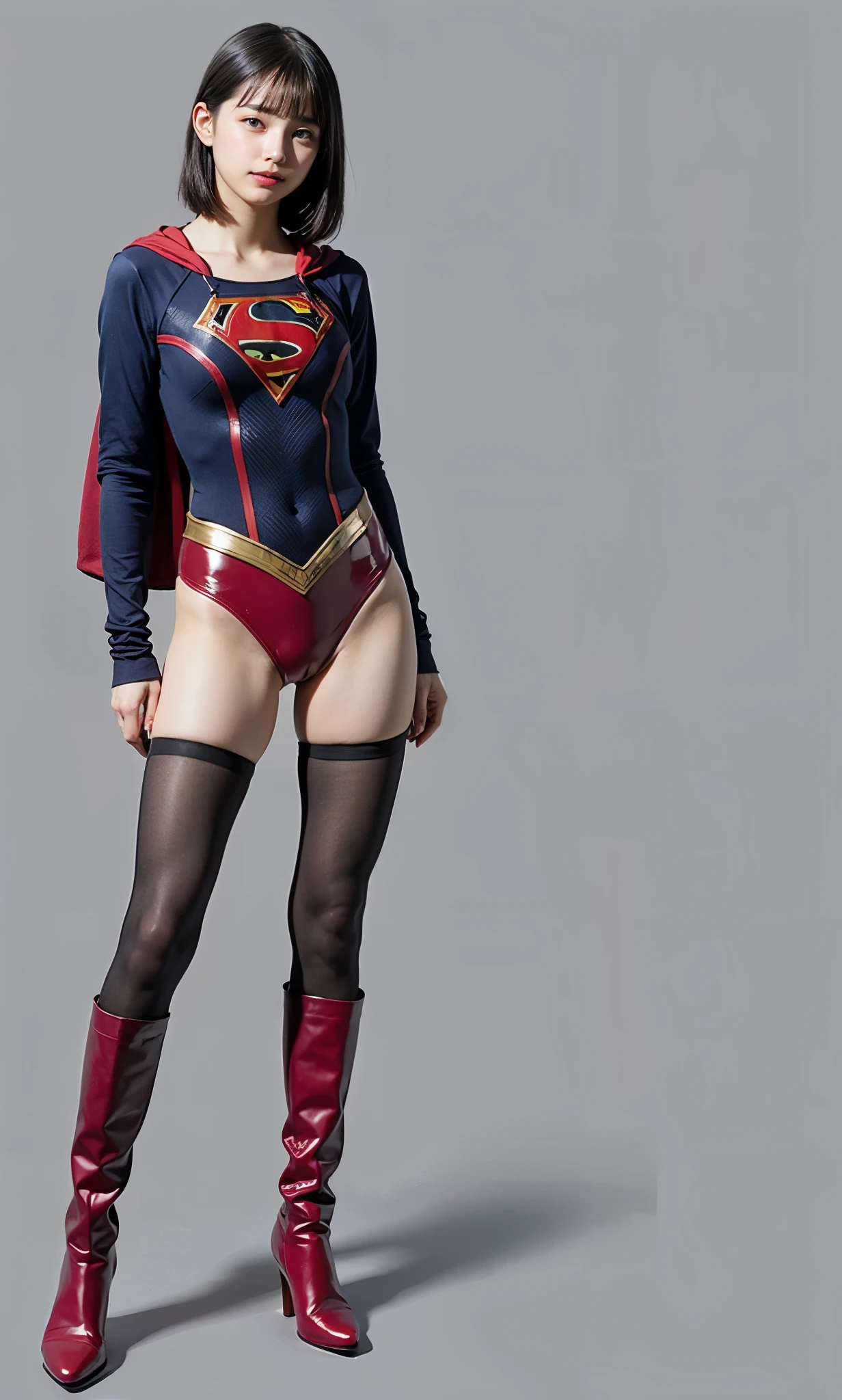 No background、(((Beautiful legs in black tights.)))、(((Legally express the beauty of your smile)))、((((Make the most of your original images)))、(((Supergirl Costume)))、(((Beautiful very short hair)))、(((suffering)))、(((Please wear black tights....、Wear red boots)))、((Best image quality、8k))、((Highest quality、8k、masterpiece:1.3))、(((Preserve background )))、Sharp focus:1.2、Beautiful woman with perfect figure:1.4、Slim Abs:1.2、Wet body:1.5、Highly detailed face and skin texture、8k