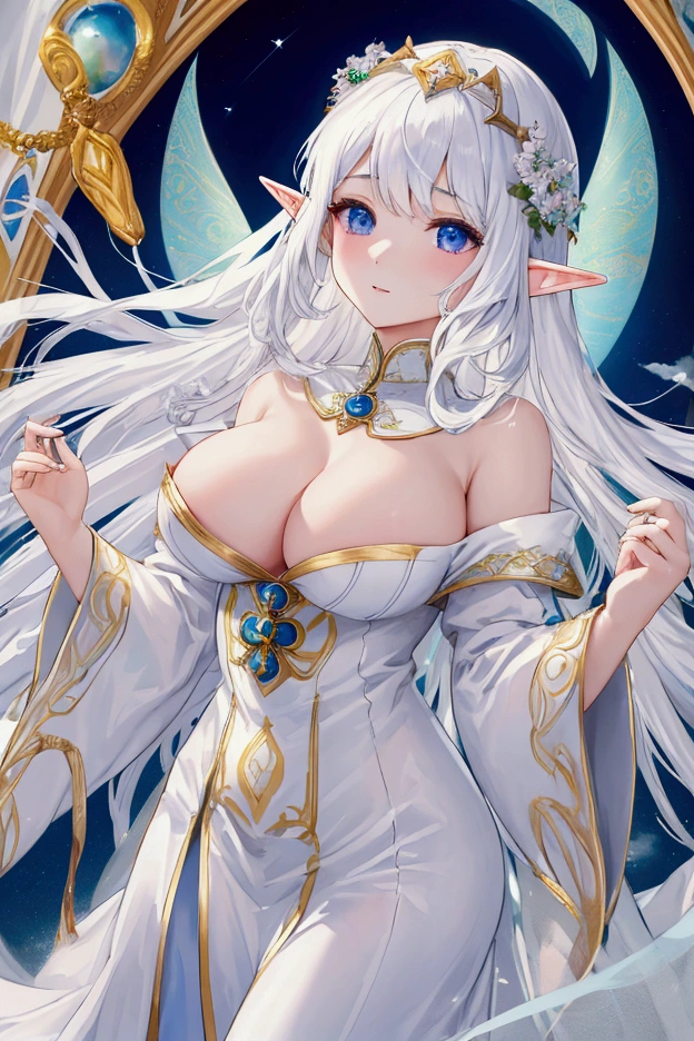 Highest quality, masterpiece, Ultra-high resolution, female、Big Breasts、Elf、Beauty、Priest、Light clothing、holy aura、Detailed white clothing、Unexposed、Beautiful Skin