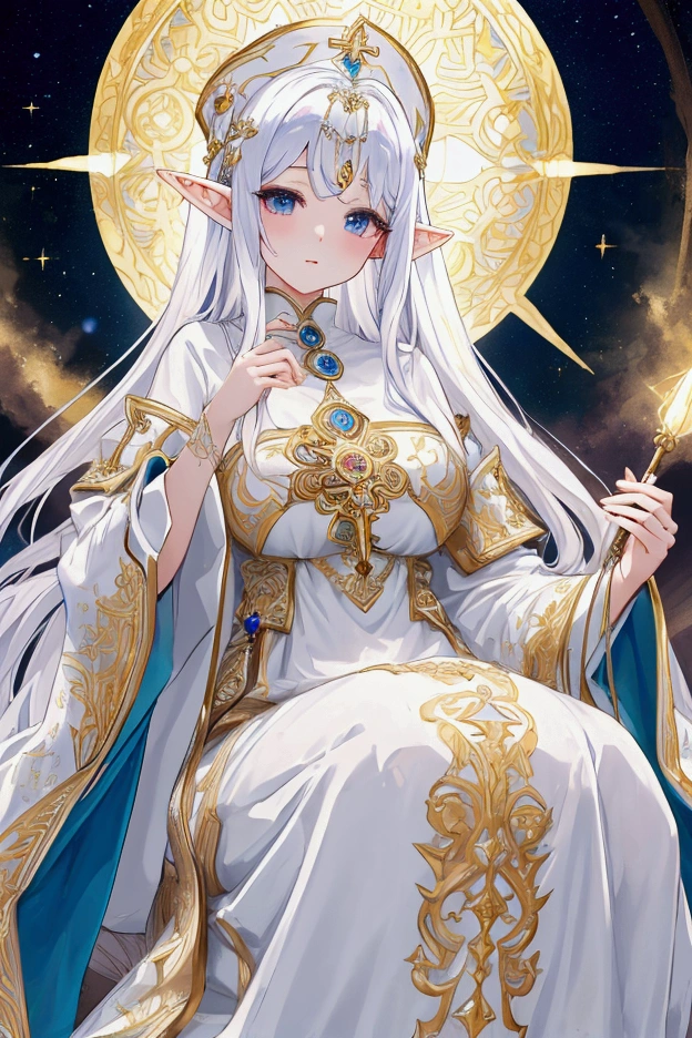 Highest quality, masterpiece, Ultra-high resolution, female、Big Breasts、Elf、Beauty、Priest、Light clothing、holy aura、Detailed white clothing、Unexposed、Beautiful Skin