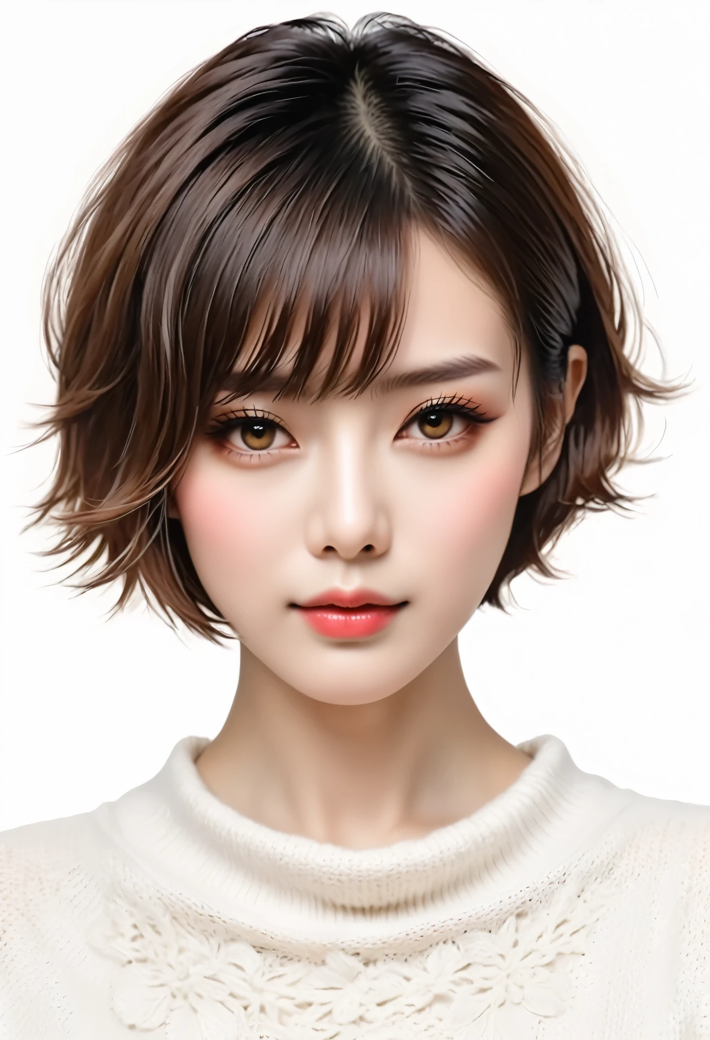 beautiful Japanese woman with short hair , white background