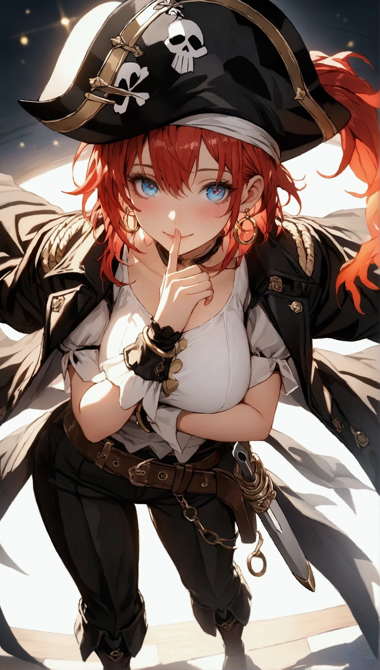 (Masterpiece. The best quality. 8K. Sharp focus. Depth of field, The best shadows. Perfect lighting. HDR. Realistic skin texture. Ultra-detailed background. Detail). Anime style. Honkai: Star Rail. March 7. 1 girl. Fiery red hair, short hair. Azure blue eyes, beautiful eyes, beautiful eyes, expressive eyes. Beautiful nose, perfect facial features. B-size breasts, beautiful breasts. Long beautiful legs. Arms crossed on chest, right hand near face, right hand placed on cheek, Ara Ara. Pirate hat, white blouse, pirate pants, pirate knee-length boots, elbow-length leather gloves, wide belt on waist, gold bracelets on hands, gold hoop earrings in ears. Pirate uniform-cloak. Shoulder straps with Jolly Roger on shoulders. On the belt there is a saber and a musket. Stands at full height at the ship's helm. Full body.