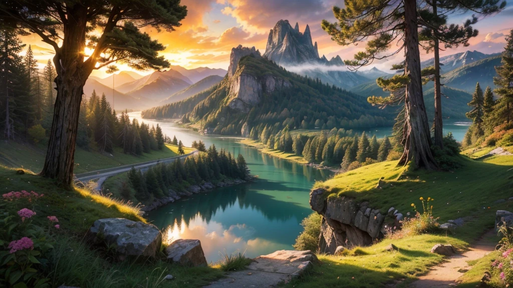 fantasy fairytale lake with island in the centre with fortress, in a valley with huge dramatic mountains towering in the distance,autumn,large ornamental lawns, rocks plants flowers shrubs trees moss lawns grass redwoods,sunset storm and strong sunbeams,very hazy,extreme details,photorealistic,4k,HD,beautiful,nature, dreamy, 