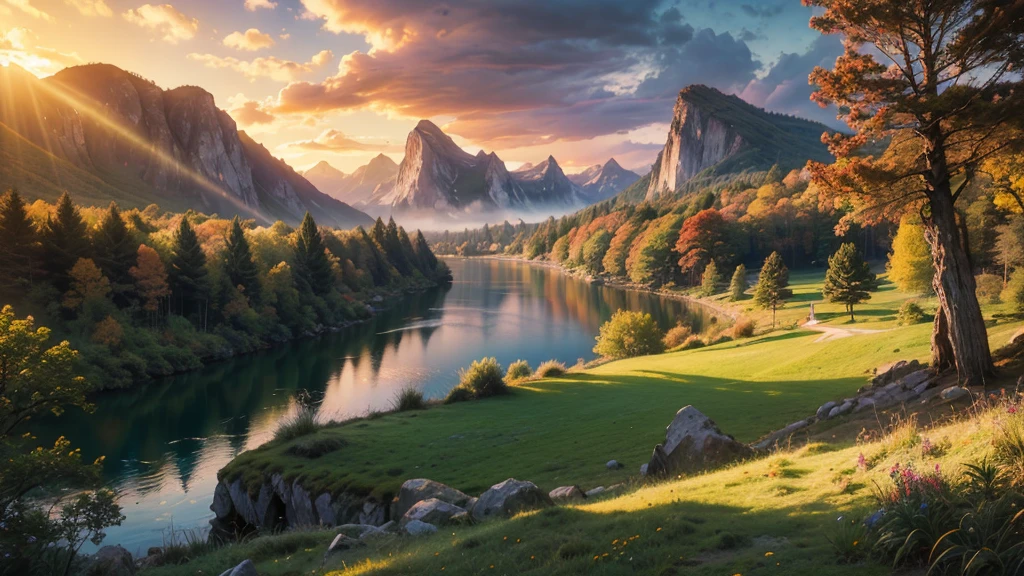 fantasy fairytale lake with island in the centre with fortress, in a valley with huge dramatic mountains towering in the distance,autumn,large ornamental lawns, rocks plants flowers shrubs trees moss lawns grass redwoods,sunset storm and strong sunbeams,very hazy,extreme details,photorealistic,4k,HD,beautiful,nature, dreamy, 
