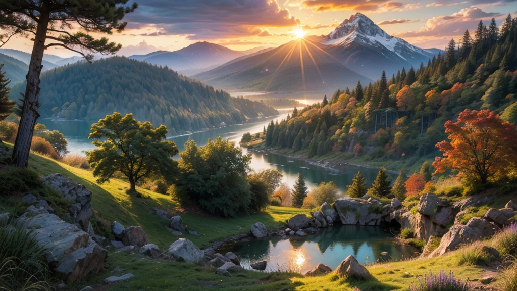 fantasy fairytale lake with island in the centre with fortress, in a valley with huge dramatic mountains towering in the distance,autumn,large ornamental lawns, rocks plants flowers shrubs trees moss lawns grass redwoods,sunset storm and strong sunbeams,very hazy,extreme details,photorealistic,4k,HD,beautiful,nature, dreamy, 