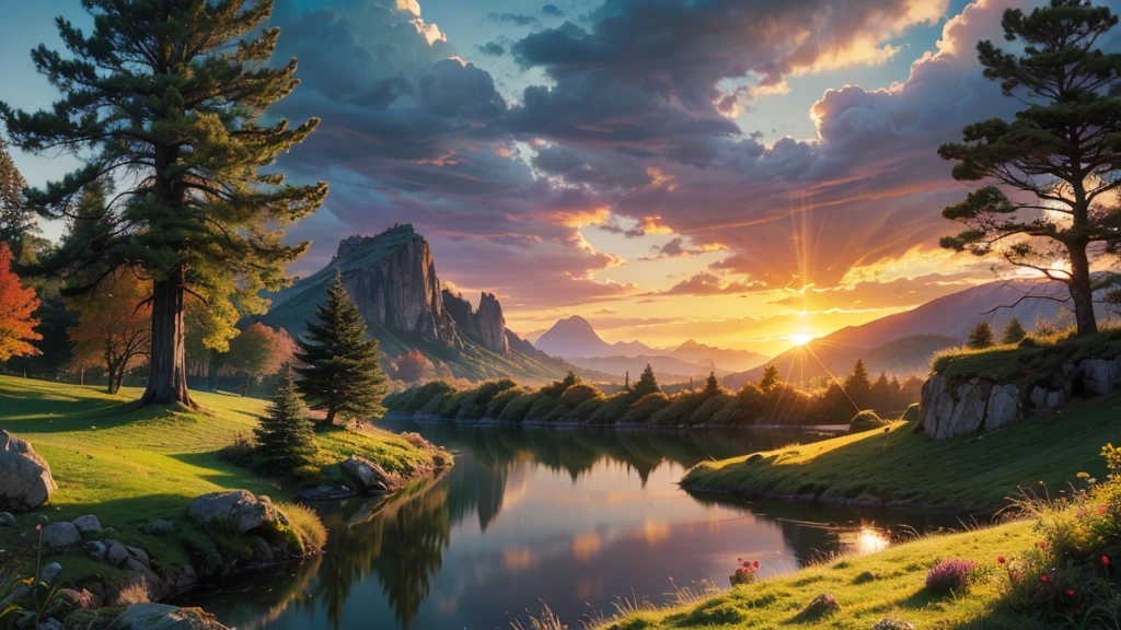 fantasy fairytale lake with island in the centre with fortress, in a valley with huge dramatic mountains towering in the distance,autumn,large ornamental lawns, rocks plants flowers shrubs trees moss lawns grass redwoods,sunset storm and strong sunbeams,very hazy,extreme details,photorealistic,4k,HD,beautiful,nature, dreamy,