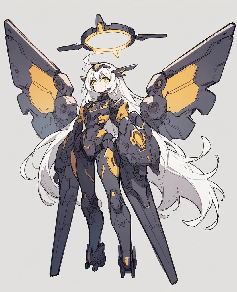 1girl, solo, long hair, simple background, yellow eyes, weapon, white hair, wings, grey background, sketch, halo, mecha musume, mechanical halo, mechanical wings