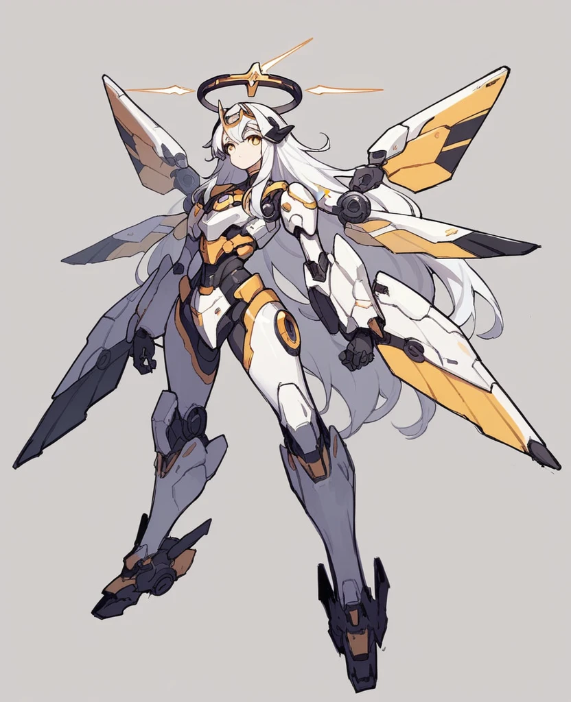 1girl, solo, long hair, simple background, yellow eyes, weapon, white hair, wings, grey background, sketch, halo, mecha musume, mechanical halo, mechanical wings