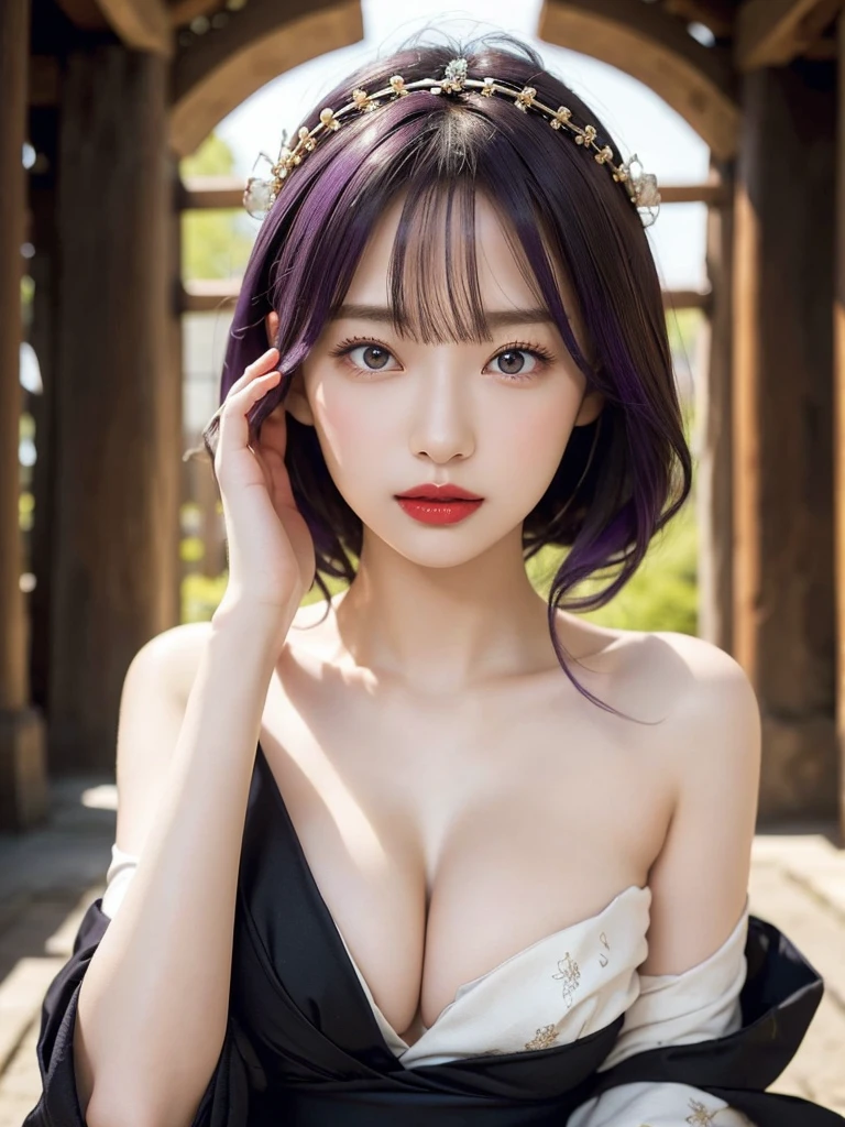 (Hyper Real), Ancient Shrine Maiden, Female Shaman, Huge beauty, Safety, High resolution, real short hair, blonde, blonde woman, Skin texture details, super High resolution, Realistic, Plump figure, smile, Beautiful expression, small purple hair Airy long blonde hair, The Spirit of God, Extremely delicate and fine skin texture, (Ancient gorgeous luxurious temple), Ancient Priestess, Big cleavage, Deep neckline, Big Red Lips , (Gorgeous black outfit and gorgeous accessories)