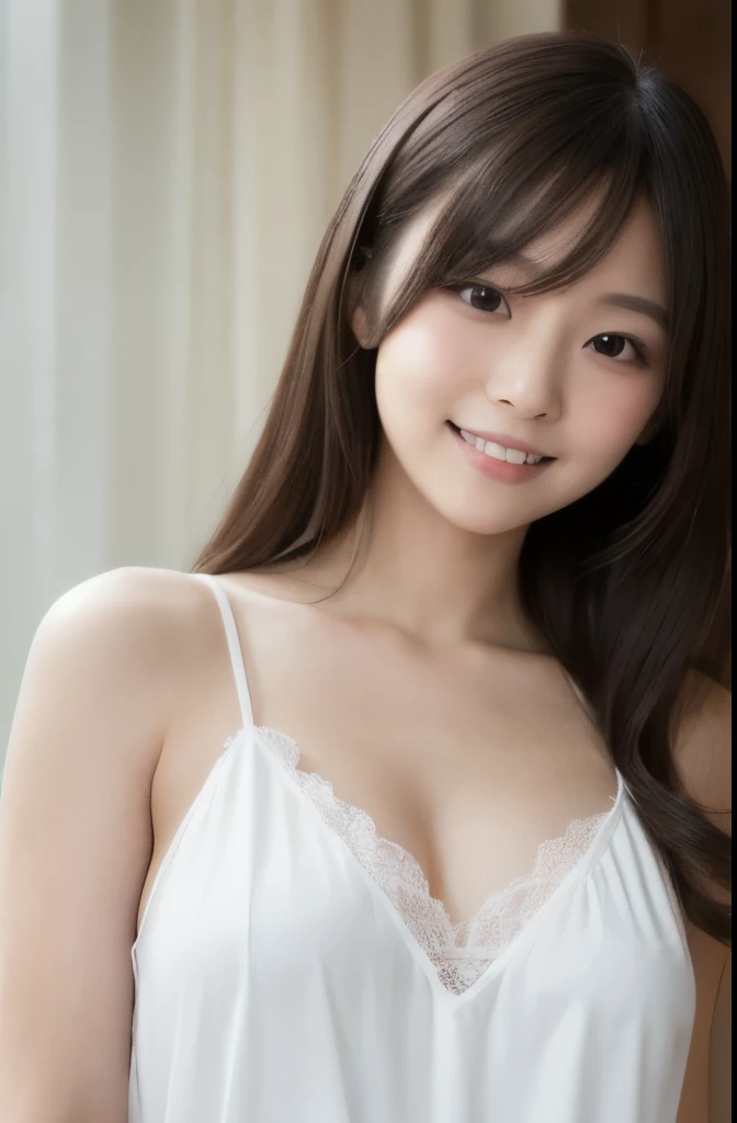 best quality, face focus, soft light, ultra high res, (photorealistic:1.4), RAW photo,(Shinozaki Ai), white skin, kawaii,
1 Japanese girl, solo, cute, (smile), (pupil, lights in the eyes), detailed beautiful face, busty,(high resolution detail of human skin texture),(long hair),(portrait), upper body, in the bedroom, A white nightgown