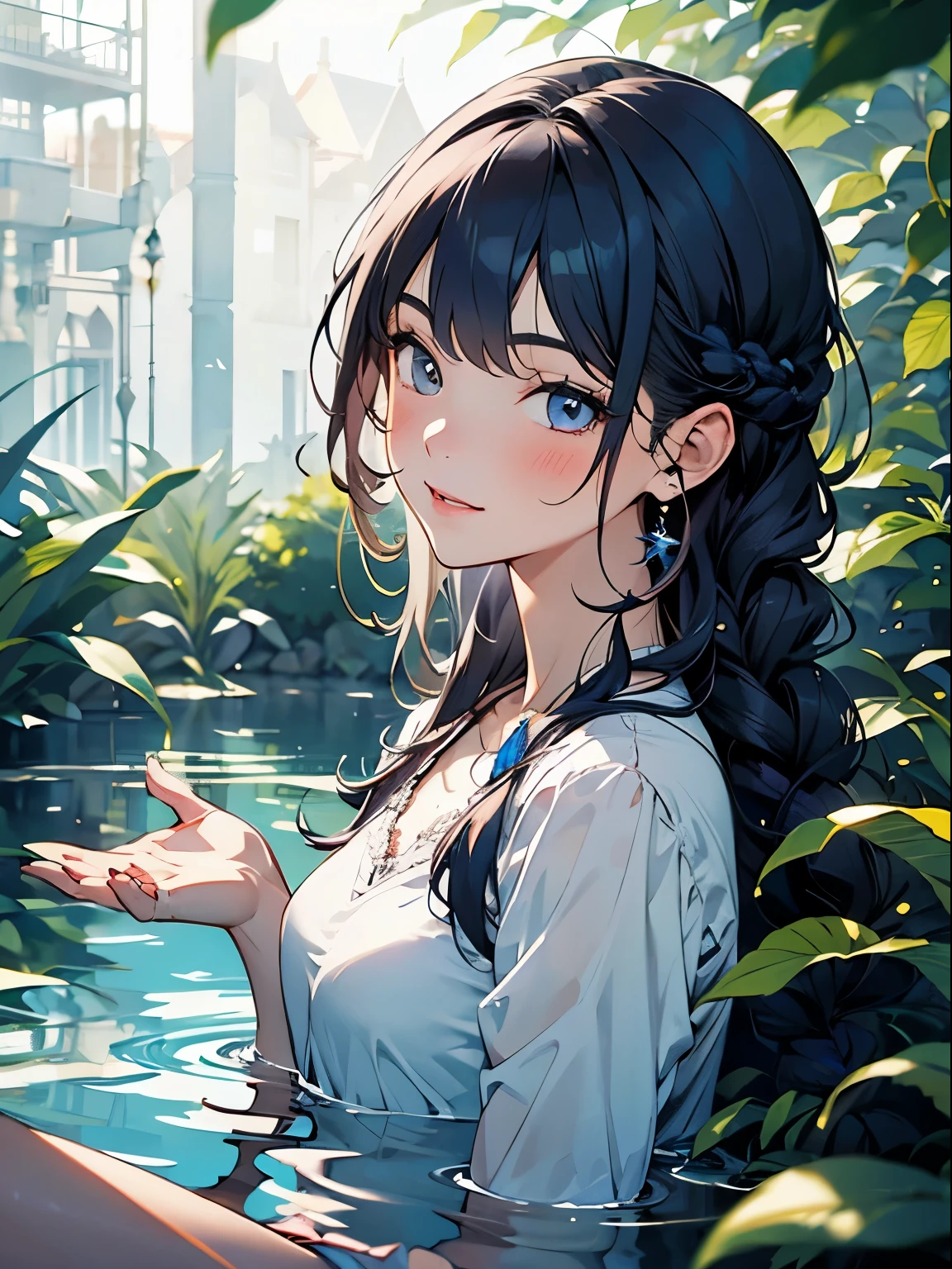 1 girl,Sapphire&#39;s Long Hair,Soft Light,Girl in the water,Soft atmosphere,Braiding,smile,Water around