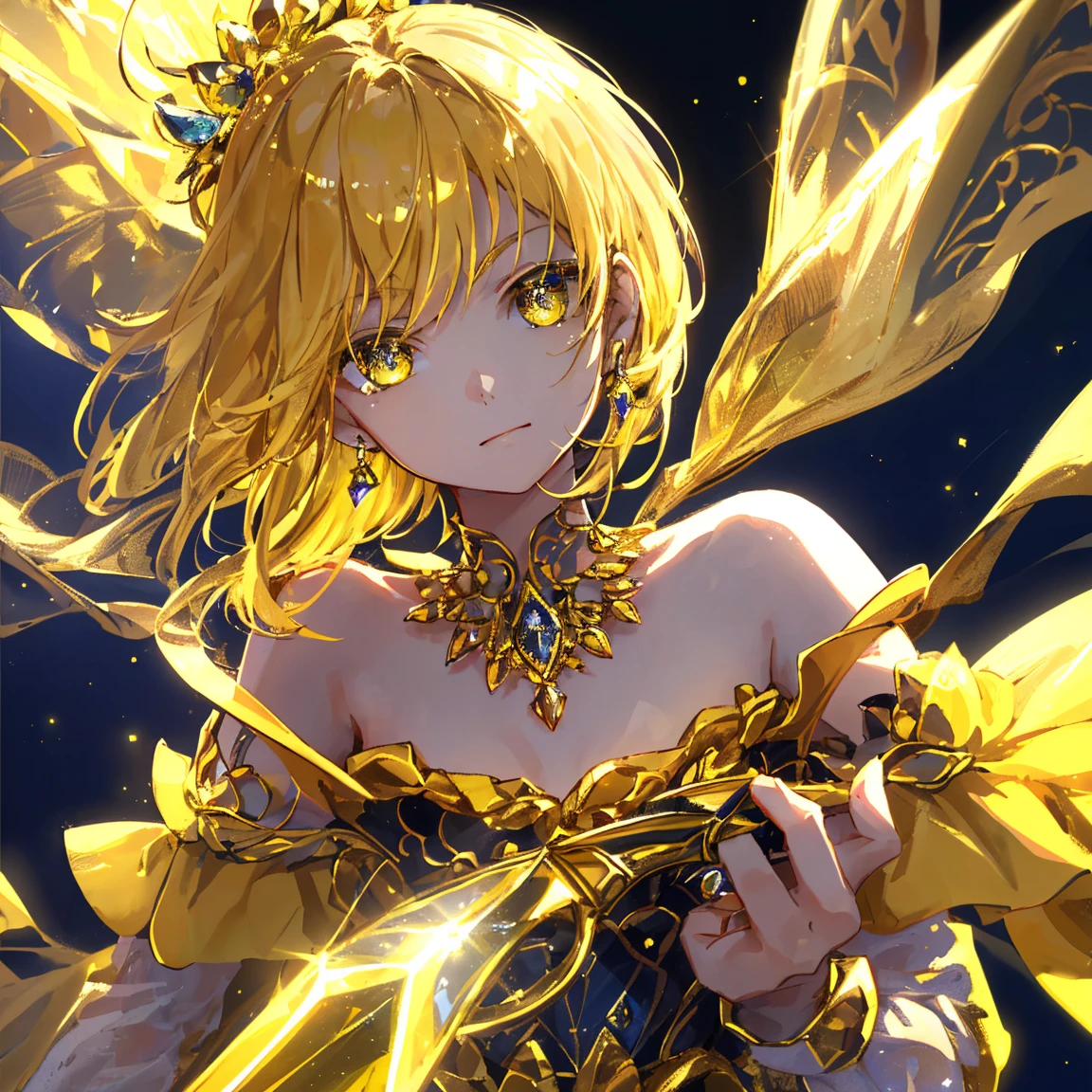 1 girl masterpiece, highest quality, shape, yellow sapphire eyes and hair, yellow sapphire earrings, yellow sapphire necklace, sword, metal fairy, cute, (dynamic lighting:1.2), cinematic lighting, delicate features, fine eyes, sharp pupils, realistic student, written boundary depth, Bokeh, sharp focus, (very detailed, bloom, shine:1.4), lots of little gems
