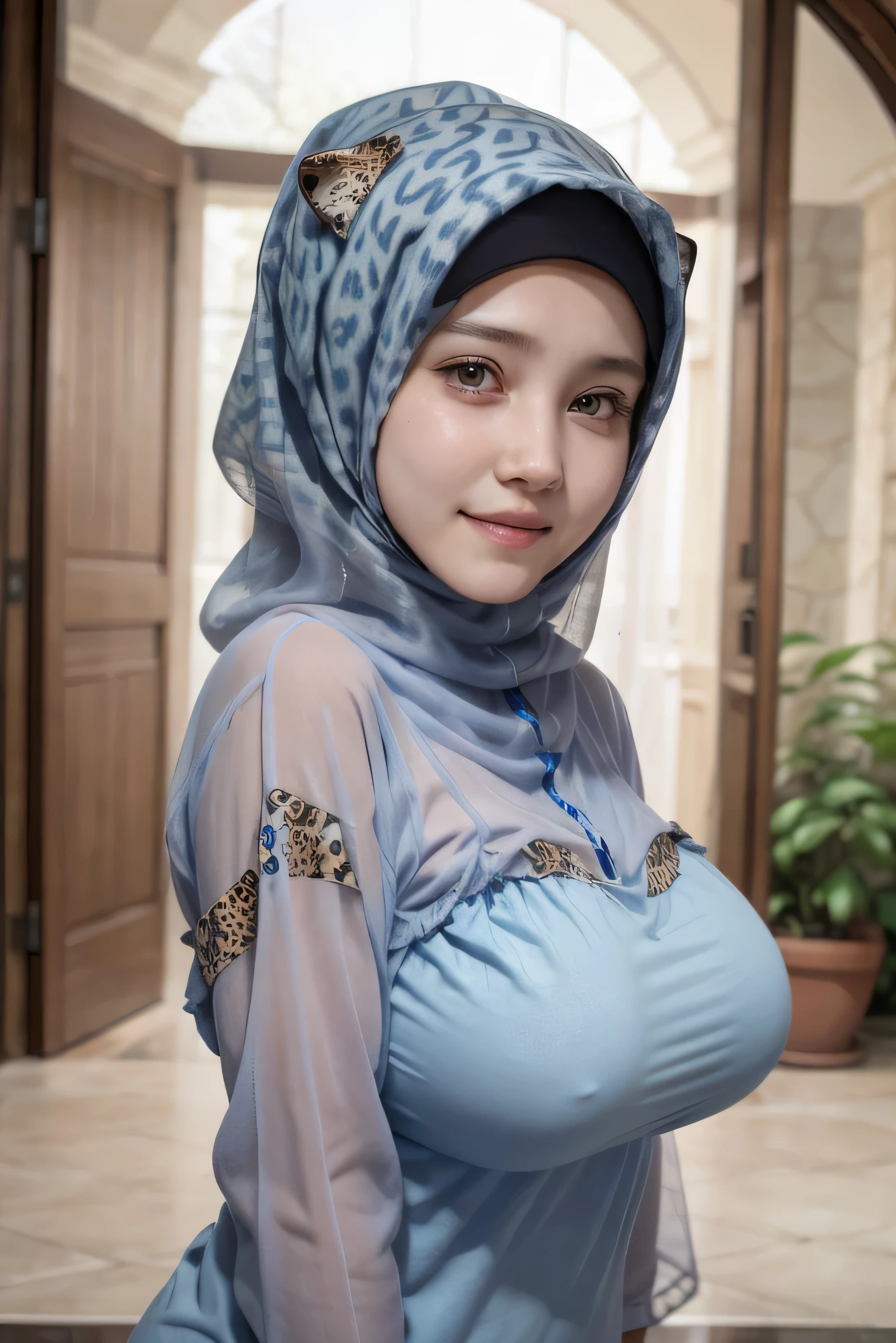 adorable, 1 girl, (face to face), , baby face, happy, half body portrait, (face details: 1), (eye details: 1), ((big breasts)). wearing transparent transparency soft long shirt, hijab .. Cute posed. proportional body. Ultra High Res. realistic: 1.4, UHD, ((leopard pattern)), view from side seductive pose