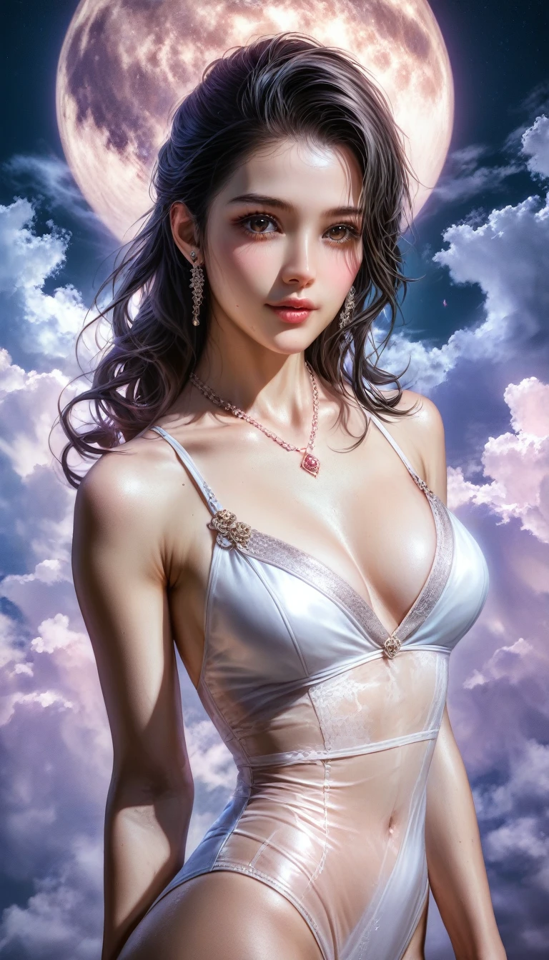score_9, score_8_superior, score_7_superior, A masterpiece in 32K resolution,Highest quality,it is really amazing,Very detailed,Ultra-high resolution,(Ultra-realistic:1.5),(Realistic:1.5),Increased depth of field,Cinematic lighting,
(Elegant adult Japanese woman:1.4),
Long black hair,Ultra-detailed and beautiful face,(Gentle expression:1.1),Translucent white skin,(Realistic skin texture:1.1),
(Sexy Swimwear:1.1),
Bold design,Artistic design,Beautiful and detailed pattern,Detailed fabric texture,
Gorgeous necklace,Earrings,
Coastline at night,(Giant Moon:1.1),(Dark clouds floating in the dark night sky:1.1),
High angle,