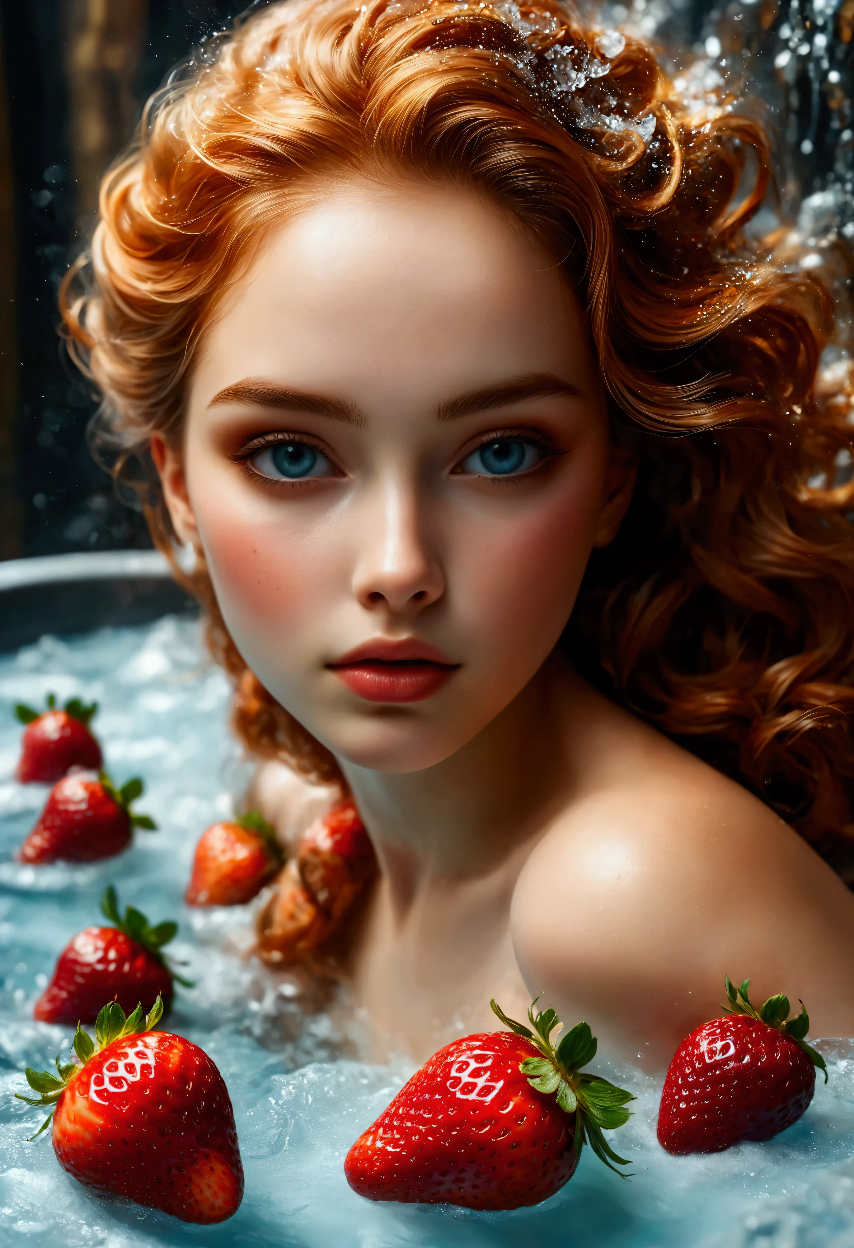 ((Masterpiece in maximum 16K resolution):1.6),((soft_color_photograpy:)1.5), ((Ultra-Detailed):1.4),((Movie-like still images and dynamic angles):1.3). | (Macro shot cinematic photo of beautiful female in a jacuzzi full of strawberries), (Beautiful Female), (a jacuzzi full of strawberries), (focus on the jacuzzi full of strawberries), (macro lens), (exotic antiques), (Dark Candles), (luminous object), (Mysterious atmosphere), (shimmer), (aesthetic bath room accesories), (visual experience),(Realism), (Realistic),award-winning graphics, dark shot, film grain, extremely detailed, Digital Art, rtx, Unreal Engine, scene concept anti glare effect, All captured with sharp focus. | Rendered in ultra-high definition with UHD and retina quality, this masterpiece ensures anatomical correctness and textured skin with super detail. With a focus on high quality and accuracy, this award-winning portrayal captures every nuance in stunning 16k resolution, immersing viewers in its lifelike depiction. | ((perfect_composition, perfect_design, perfect_layout, perfect_detail, ultra_detailed)), ((enhance_all, fix_everything)), More Detail, Enhance.