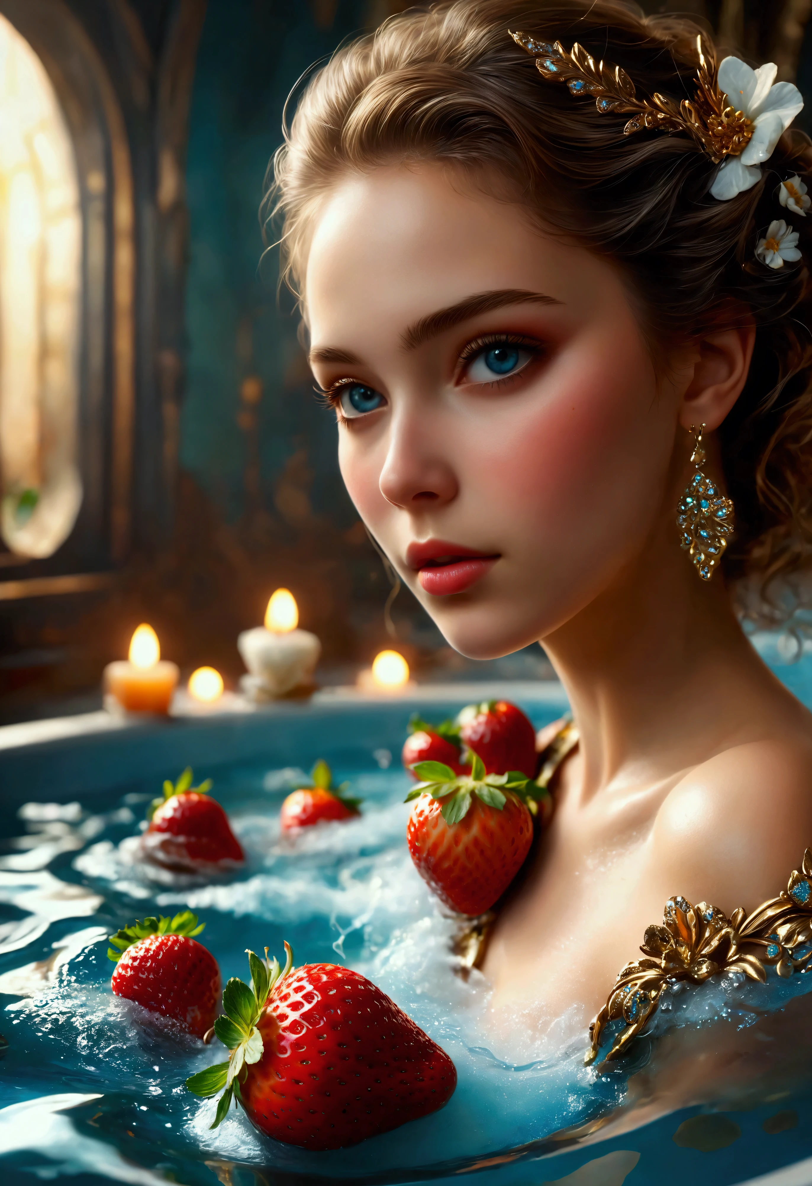 ((Masterpiece in maximum 16K resolution):1.6),((soft_color_photograpy:)1.5), ((Ultra-Detailed):1.4),((Movie-like still images and dynamic angles):1.3). | (Macro shot cinematic photo of beautiful female in a jacuzzi full of strawberries), (Beautiful Female), (a jacuzzi full of strawberries), (focus on the jacuzzi full of strawberries), (macro lens), (exotic antiques), (Dark Candles), (luminous object), (Mysterious atmosphere), (shimmer), (aesthetic bath room accesories), (visual experience),(Realism), (Realistic),award-winning graphics, dark shot, film grain, extremely detailed, Digital Art, rtx, Unreal Engine, scene concept anti glare effect, All captured with sharp focus. | Rendered in ultra-high definition with UHD and retina quality, this masterpiece ensures anatomical correctness and textured skin with super detail. With a focus on high quality and accuracy, this award-winning portrayal captures every nuance in stunning 16k resolution, immersing viewers in its lifelike depiction. | ((perfect_composition, perfect_design, perfect_layout, perfect_detail, ultra_detailed)), ((enhance_all, fix_everything)), More Detail, Enhance.
