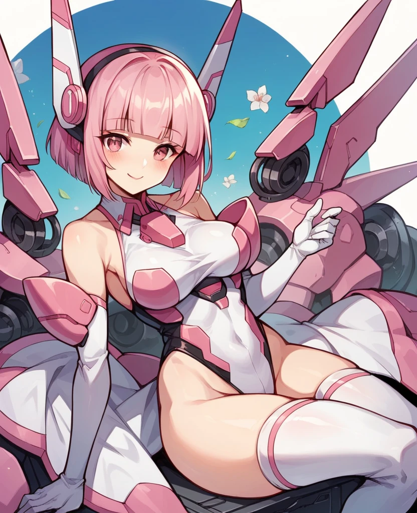 1girl, solo, breasts, looking at viewer, blush, smile, short hair, bangs, thighhighs, gloves, bare shoulders, closed mouth, pink hair, flower, elbow gloves, white gloves, signature, blunt bangs, pink eyes, leotard, headgear, mecha musume