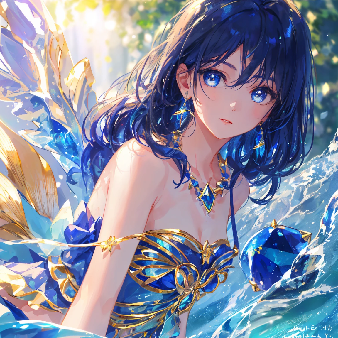 1 girl masterpiece, highest quality, shape, An enveloping smile,lapis lazuli eyes and hair, lapis lazuli earrings, lapis lazuli necklace, sea, water fairy, cute, (dynamic lighting:1.2), cinematic lighting, delicate features, fine eyes, sharp pupils, realistic student, written boundary depth, Bokeh, sharp focus, (very detailed, bloom, shine:1.4), lots of little gems