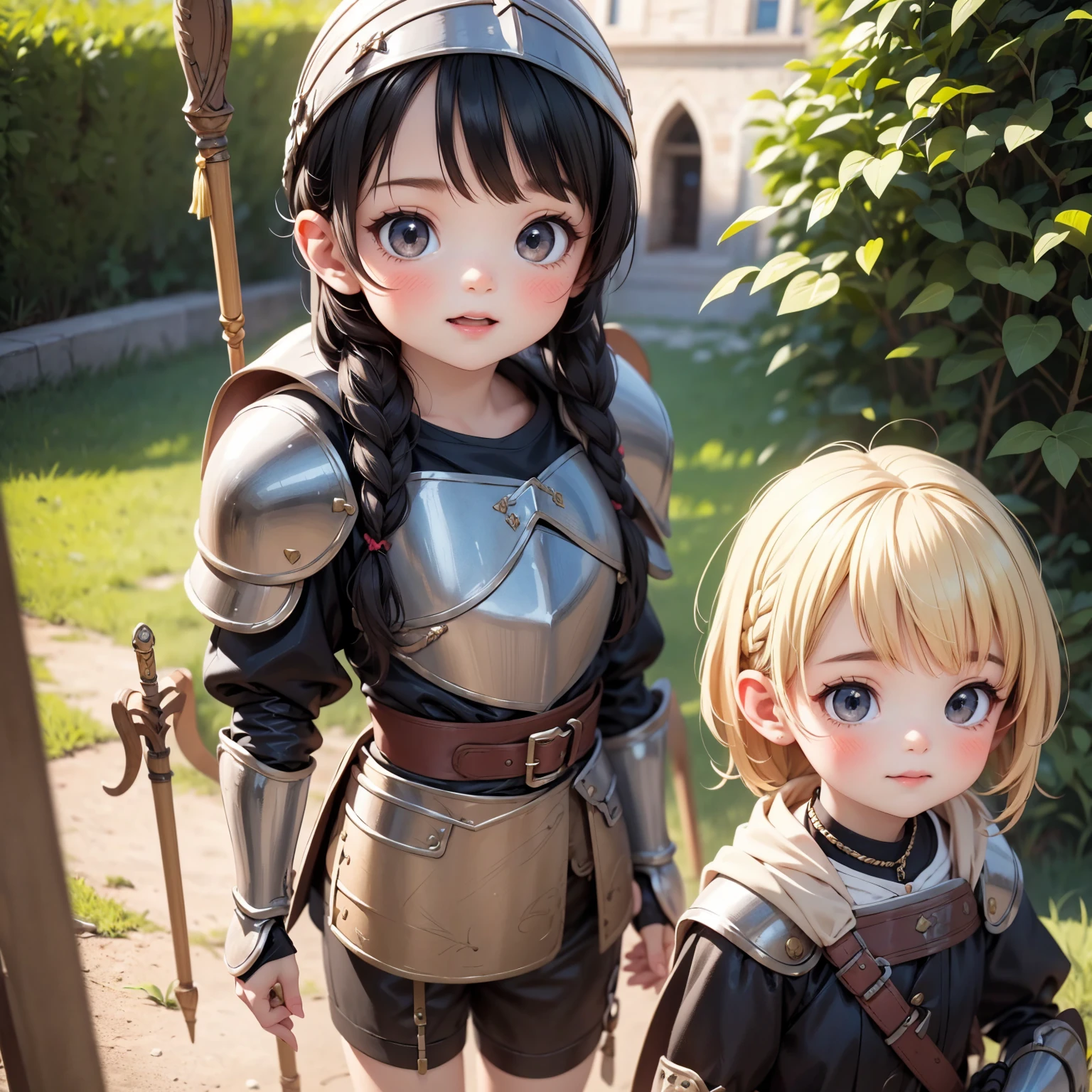 Ultra Realistic Girl,8--old,ry short stature,Long blonde hair with braided bangedieval knight armor,Long Spear,Flat Chest , Leather panties,Garter belt long sockenacing face,sexy,Dungeons ,
