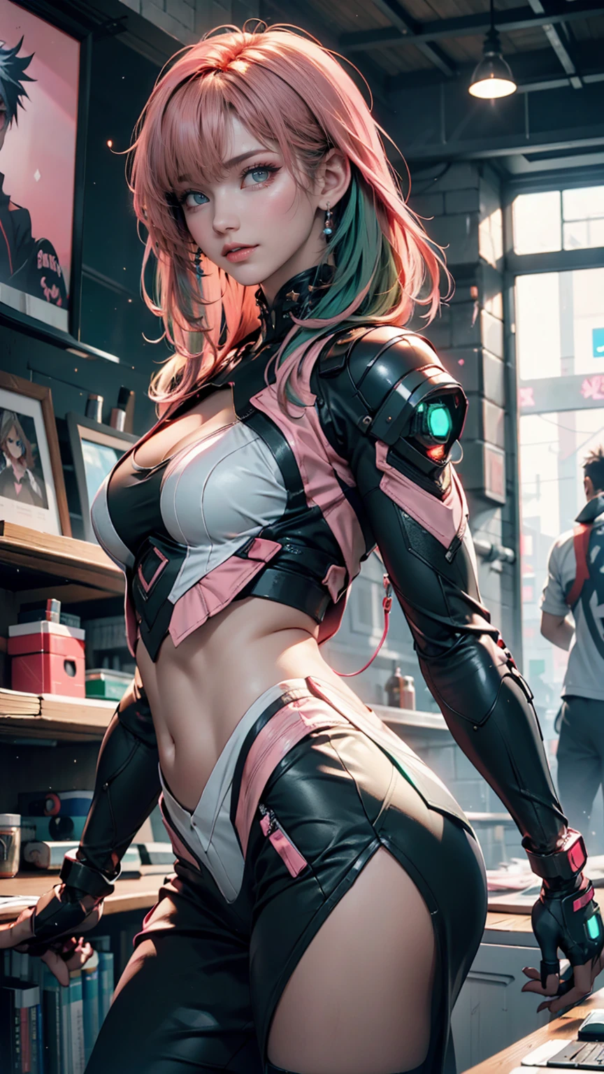 woman, Realistic characters, Green hair and pink hair, blue eyes, anime, alone, Modern, cyber punk