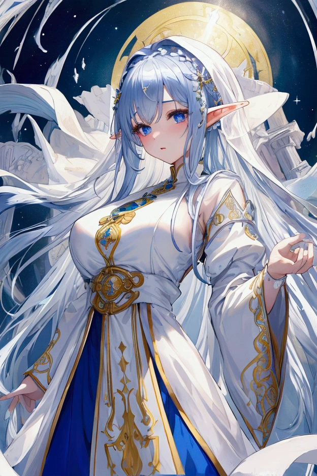 Highest quality, masterpiece, Ultra-high resolution, female、Big Breasts、Elf、Beauty、Priest、Light clothing、holy aura、Detailed white clothing、Unexposed、Beautiful Skin、shadow