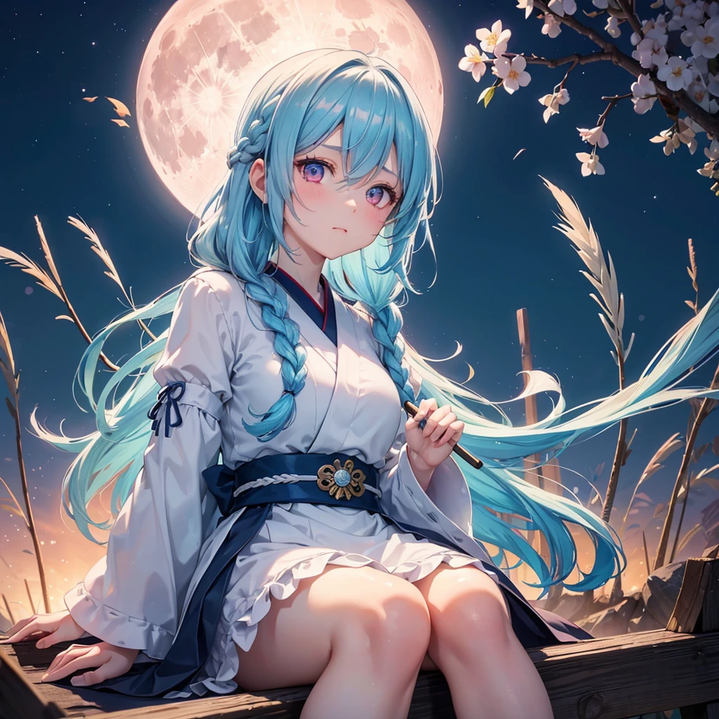 Sky blue hair, (Braided medium hair), (Pink eyes),Fair skin) ,(whole body),(One Girl),(White sweet dumplings ),White round dumplings,Japanese pampas grass,(beautiful, Full moon shining in the night sky),(masterpiece, Highest quality, Very detailed, Best Shadow), (Detailed Background), (Beautifully detailed face), High Contrast, (Best lighting, Very delicate and beautiful), ((Cinematic Light)), colorful, Hyper Detail,8k, Dramatic Light, Intricate details,Sit down and eat dumplings