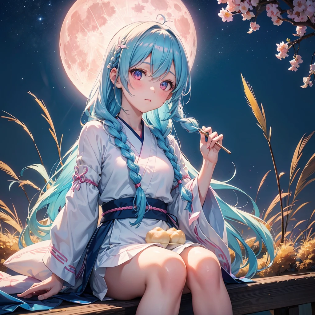 Sky blue hair, (Braided medium hair), (Pink eyes),Fair skin) ,(whole body),(One Girl),(White sweet dumplings ),White round dumplings,Japanese pampas grass,(beautiful, Full moon shining in the night sky),(masterpiece, Highest quality, Very detailed, Best Shadow), (Detailed Background), (Beautifully detailed face), High Contrast, (Best lighting, Very delicate and beautiful), ((Cinematic Light)), colorful, Hyper Detail,8k, Dramatic Light, Intricate details,Sit down and eat dumplings