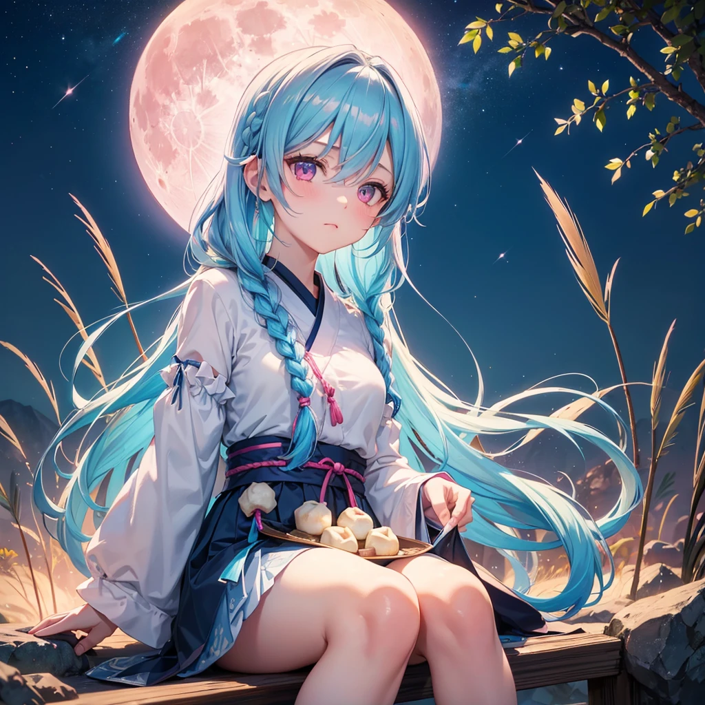 Sky blue hair, (Braided medium hair), (Pink eyes),Fair skin) ,(whole body),(One Girl),(White sweet dumplings ),White round dumplings,Japanese pampas grass,(beautiful, Full moon shining in the night sky),(masterpiece, Highest quality, Very detailed, Best Shadow), (Detailed Background), (Beautifully detailed face), High Contrast, (Best lighting, Very delicate and beautiful), ((Cinematic Light)), colorful, Hyper Detail,8k, Dramatic Light, Intricate details,Sit down and eat dumplings