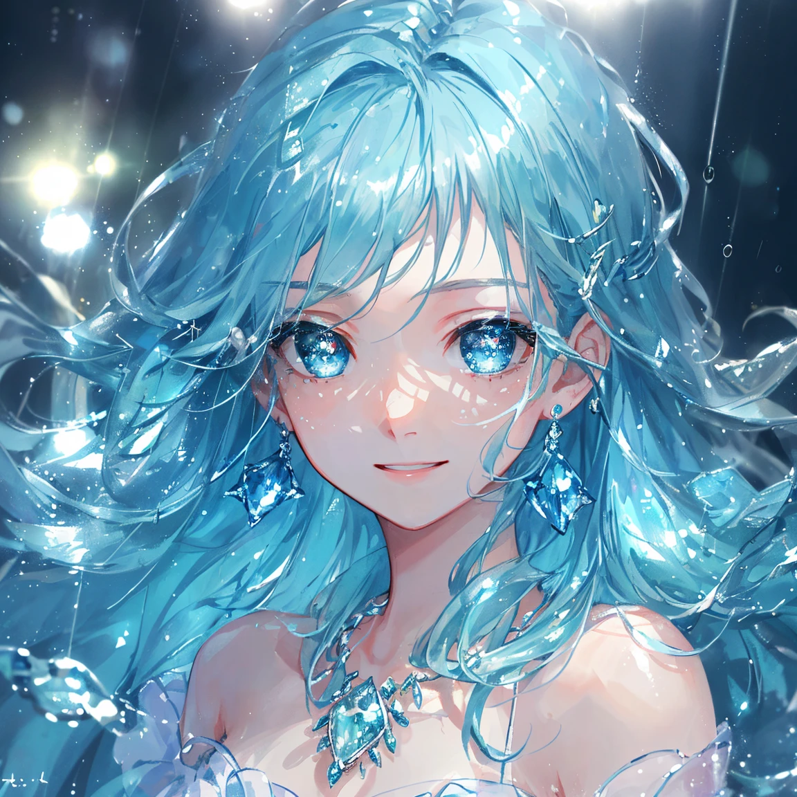 1 girl masterpiece, highest quality, shape, beautiful smile Aquamarine eyes and hair, Aquamarine earrings, Aquamarine necklace, rain, water fairy, cute, (dynamic lighting:1.2), cinematic lighting, delicate features, fine eyes, sharp pupils, realistic student, written boundary depth, Bokeh, sharp focus, (very detailed, bloom, shine:1.4), lots of little gems