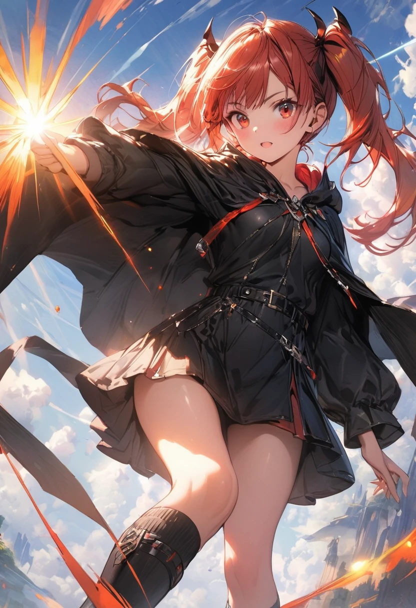 (masterpiece),(best quality),(ultra-detailed),(best illustration),(best shadow),(absurdres),(detailed background),(very aesthetic), wizzard, short hair, red hair, ((twin tail)), ((small_breasts)) ,red eyes, cloak, exposed belly, 1girl, legs exposed, strikes, Perfect face, short skirt, ((black clothes)) ,knee socks,add_detail:1, add_detail:0, add_detail:0.5, moody light，and the sun was shining brightly，8k，hyper-detailing
