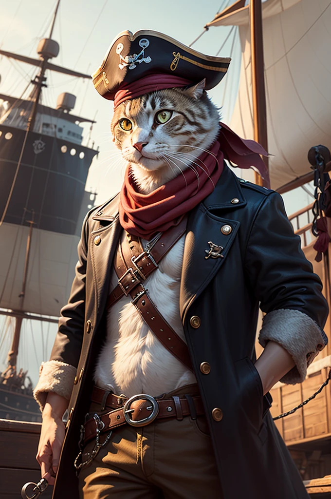 Hyper-realistic digital painting of a pirate cat., with a cigarette and a bandana on the background of a ship. The style is reminiscent of Pixar animation., with vibrant colors and detailed texture on a wool coat. He has expressive eyes, which are conveyed as curiosity, so is the adventurous spirit..