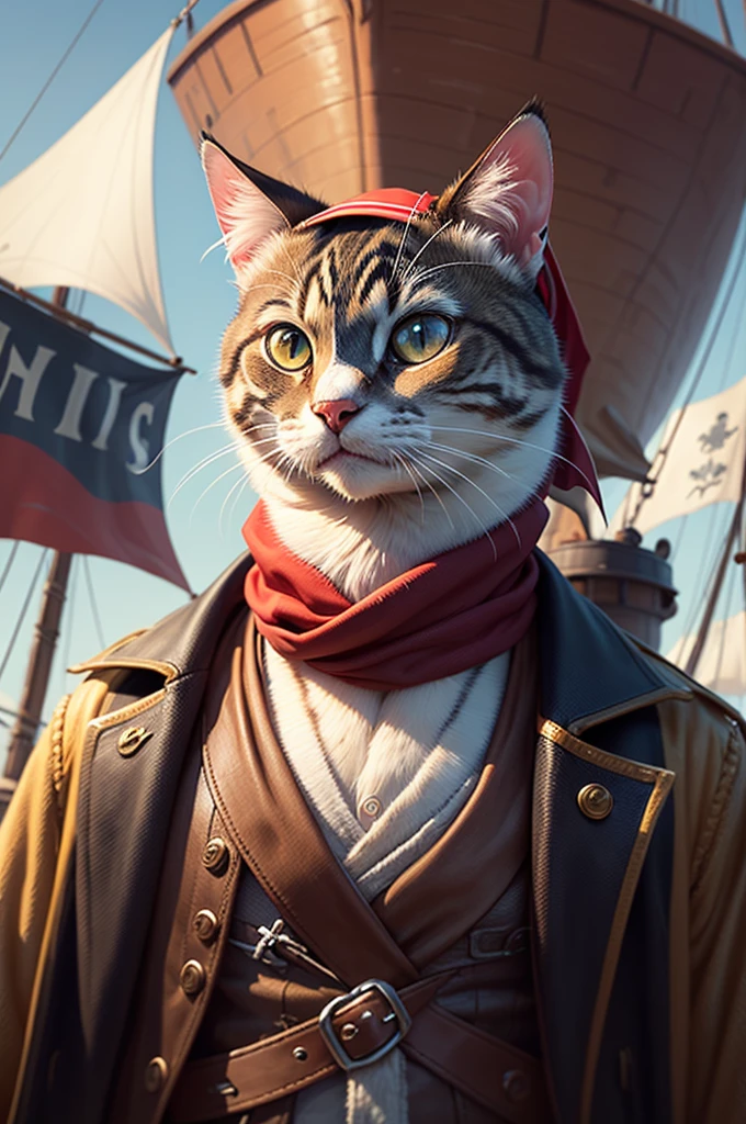 Hyper-realistic digital painting of a pirate cat., with a cigarette and a bandana on the background of a ship. The style is reminiscent of Pixar animation., with vibrant colors and detailed texture on a wool coat. He has expressive eyes, which are conveyed as curiosity, so is the adventurous spirit..