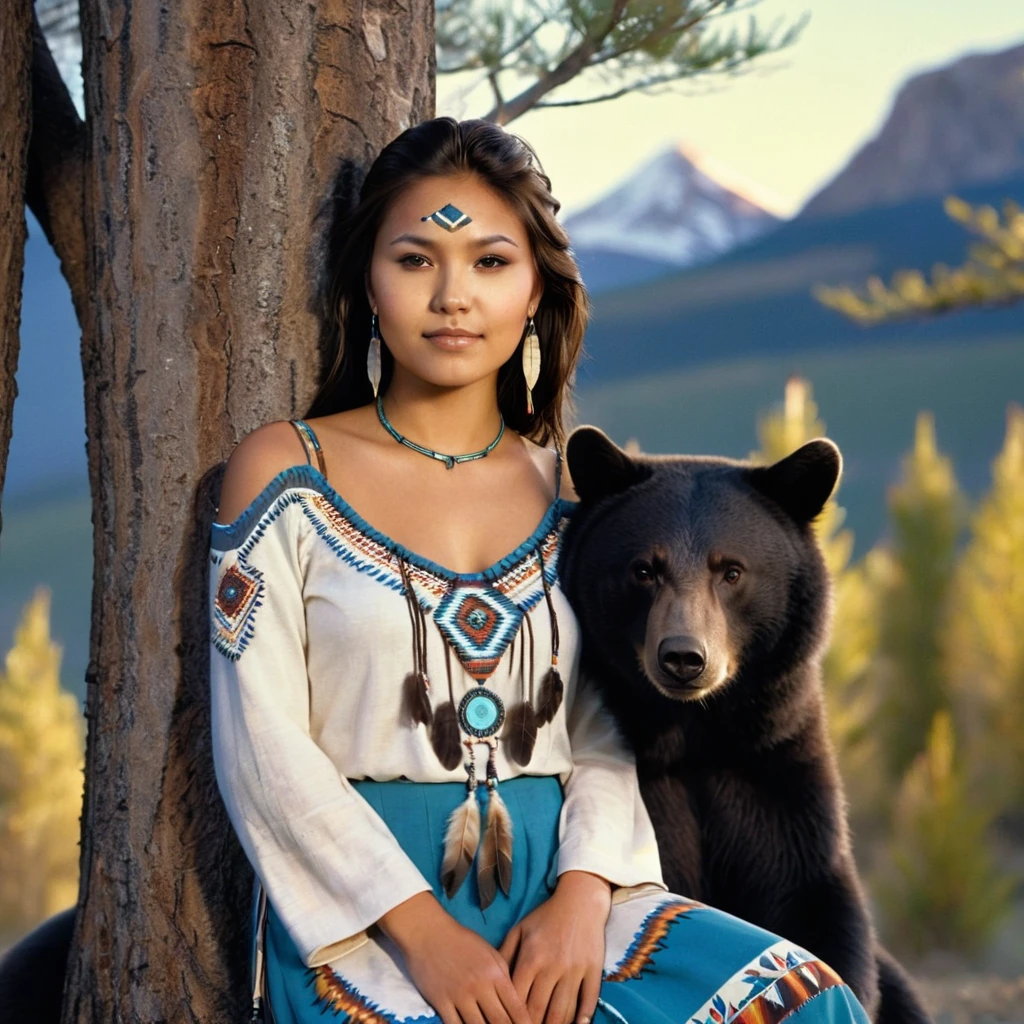 (grainy:0.5), cinematic, beautiful girls 25 year old native american,fantasy,(solo:1.3), detailed eyes, detailed face, detailed native american sexy clothing, volumetric lighting, dusk, extremely detailed background, standing next to tree and mountain, smiling, half closed brown eyes, tilted head, from side, sitting next to her Black Bear