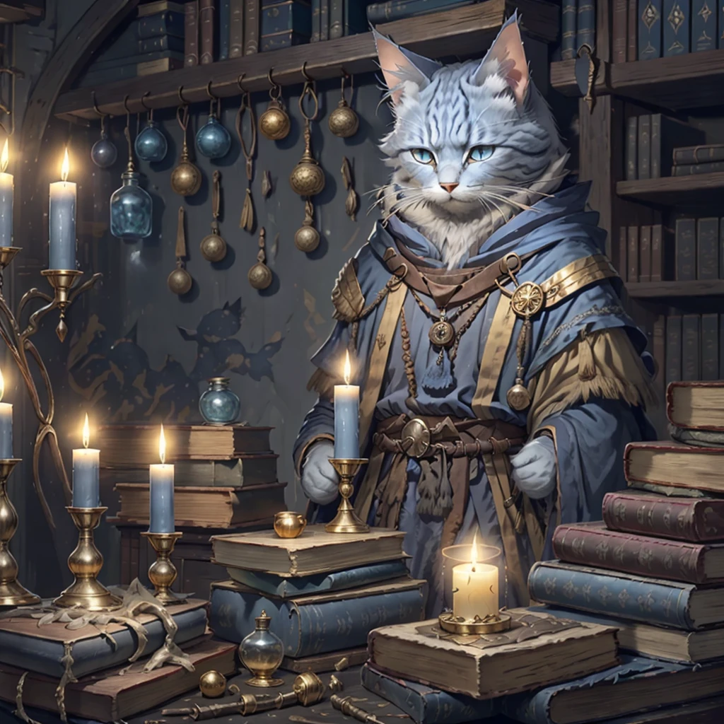 Grey cat, solo, 1male, blue eyes, blue wizard robes, gold wrist bands, gold staff, library, candle light, potions on table
