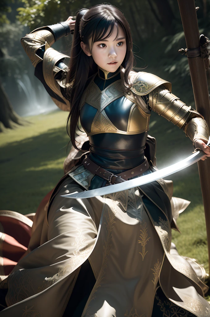 fancy, epic, Illustration in movie poster style, a girl standing in armor, swinging a sword, With a dynamic and magical background, Features striking and well-designed typographic elements.,standing, confidence, determined, swinging a sword, epic title, The Enchanted Forest, Shining Runes, bold text