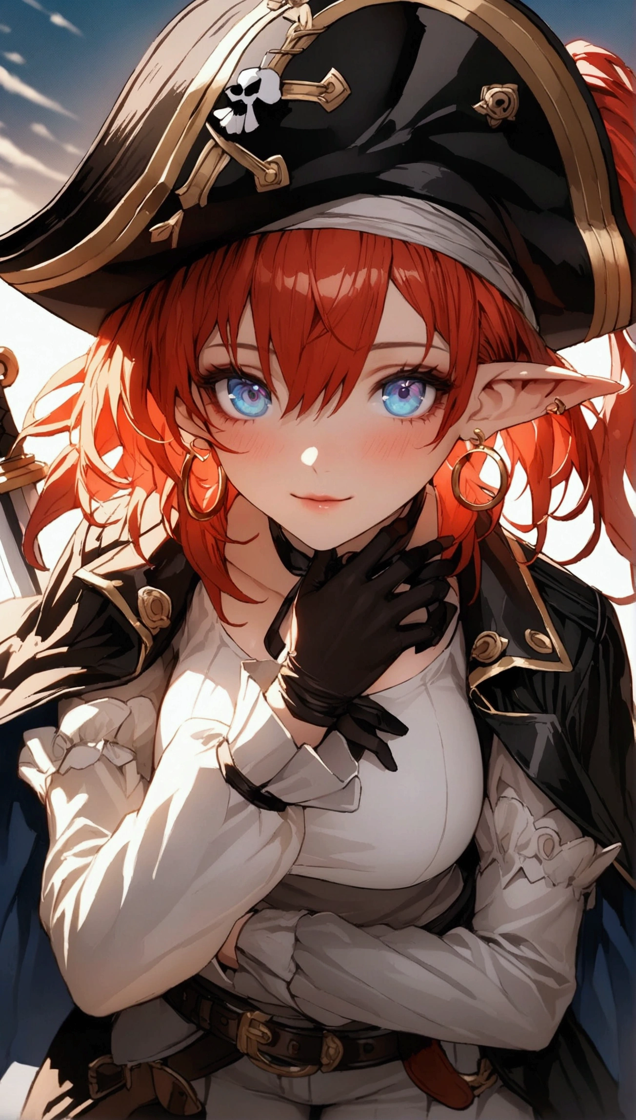 (Masterpiece. The best quality. 8K. Sharp focus. Depth of field, The best shadows. Perfect lighting. HDR. Realistic skin texture. Ultra-detailed background. Detail). Anime style. Honkai: Star Rail. March 7. 1 girl. Fiery red hair, short hair. Azure blue eyes, beautiful eyes, beautiful eyes, expressive eyes. Beautiful nose, perfect facial features. B-size breasts, beautiful breasts. Long beautiful legs. Arms crossed on chest, right hand near face, right hand placed on cheek, Ara Ara. Pirate hat, white blouse, pirate pants, pirate knee-length boots, elbow-length leather gloves, wide belt on waist, gold bracelets on hands, gold hoop earrings in ears. Pirate uniform-cloak. Shoulder straps with Jolly Roger on shoulders. On the belt there is a saber and a musket. Stands at full height at the ship's helm. Full body.