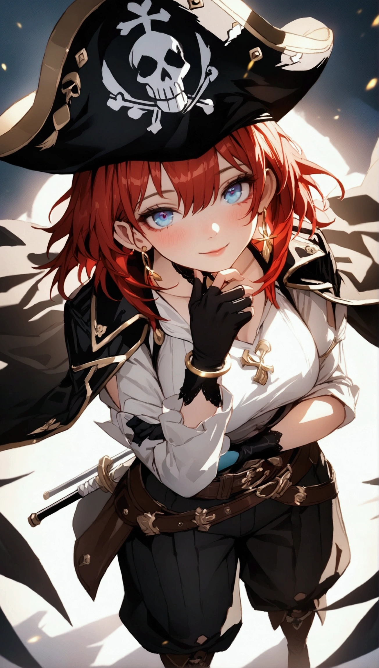 (Masterpiece. The best quality. 8K. Sharp focus. Depth of field, The best shadows. Perfect lighting. HDR. Realistic skin texture. Ultra-detailed background. Detail). Anime style. Honkai: Star Rail. March 7. 1 girl. Fiery red hair, short hair. Azure blue eyes, beautiful eyes, beautiful eyes, expressive eyes. Beautiful nose, perfect facial features. B-size breasts, beautiful breasts. Long beautiful legs. Arms crossed on chest, right hand near face, right hand placed on cheek, Ara Ara. Pirate hat, white blouse, pirate pants, pirate knee-length boots, elbow-length leather gloves, wide belt on waist, gold bracelets on hands, gold hoop earrings in ears. Pirate uniform-cloak. Shoulder straps with Jolly Roger on shoulders. On the belt there is a saber and a musket. Stands at full height at the ship's helm. Full body.