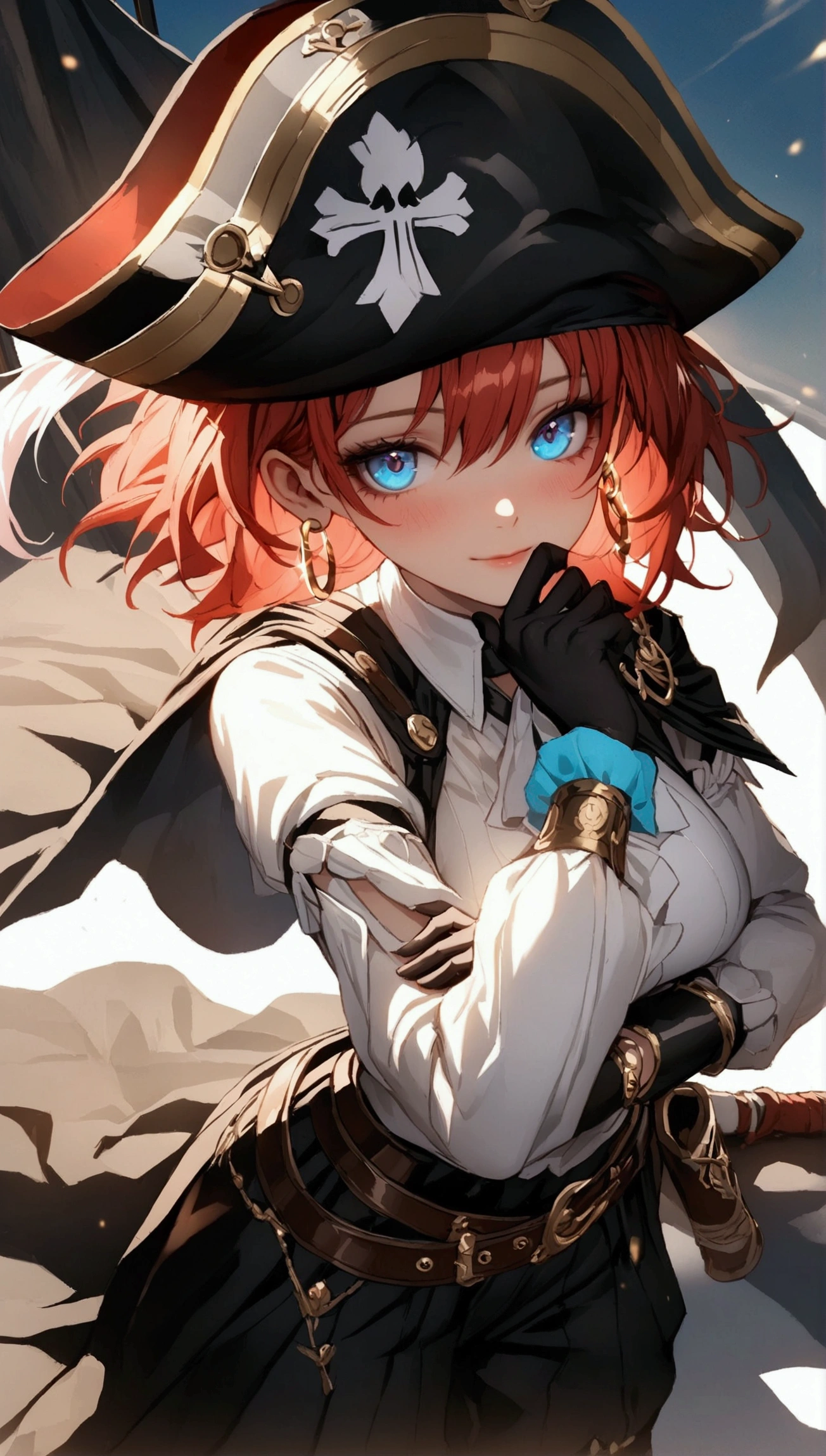 (Masterpiece. The best quality. 8K. Sharp focus. Depth of field, The best shadows. Perfect lighting. HDR. Realistic skin texture. Ultra-detailed background. Detail). Anime style. Honkai: Star Rail. March 7. 1 girl. Fiery red hair, short hair. Azure blue eyes, beautiful eyes, beautiful eyes, expressive eyes. Beautiful nose, perfect facial features. B-size breasts, beautiful breasts. Long beautiful legs. Arms crossed on chest, right hand near face, right hand placed on cheek, Ara Ara. Pirate hat, white blouse, pirate pants, pirate knee-length boots, elbow-length leather gloves, wide belt on waist, gold bracelets on hands, gold hoop earrings in ears. Pirate uniform-cloak. Shoulder straps with Jolly Roger on shoulders. On the belt there is a saber and a musket. Stands at full height at the ship's helm. Full body.