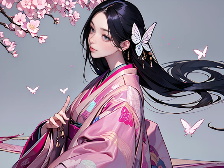 Twelve-layered kimono，(masterpiece, Highest quality, Highest quality，aesthetics:1.2)，From the side，Ezvian everywhere，1300 years ago，Japan_Heian period，Noble，１Beautiful Princess，Beautiful Skin，(Straight hair　Long, beautiful black hair　wealthy)，Beautiful round eyes，(kimono　Gentle pink color　The beauty of layered colors)，Silk luster，Layered Color，Wide sleeves，The hem of the hakama is long，dream-like，elegant，Highest quality，Beautiful graphics, Super detailed，butterfly，Fresh，Minimal background，Transparent robe images，Detailed CG、