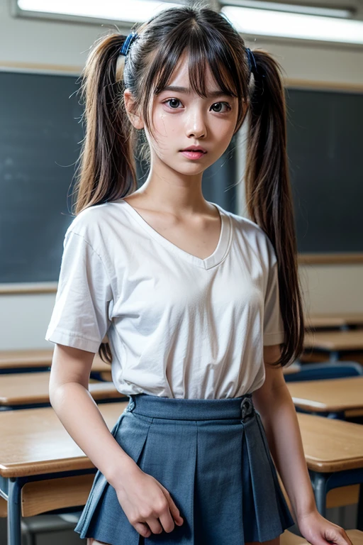 ((Smooth facial skin)、one girl, (a beauty girl, delicate girl:1.3), (12 years old:1.3), break,(Wearing a short white T-shirt))、 (Wearing dark blue bloomers:1.3), break, Very detailedな明瞭さ, (Symmetrical eyes:1.3), break, (School classroom, indoor:1.3), break, Small breasts、 Brown eyes, ((Twin tails))、 Brown Hair, girl, break, (Eye and facial details:1.0), break, (masterpiece, Highest quality, Very detailed, Detailed face, 8k)