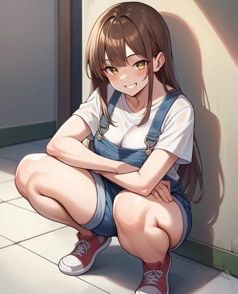 1girl, solo, long hair, breasts, looking at viewer, blush, smile, bangs, brown hair, shirt, brown eyes, yellow eyes, white shirt, short sleeves, sidelocks, thighs, shoes, grin, squatting, denim, sneakers, overalls, overall shorts