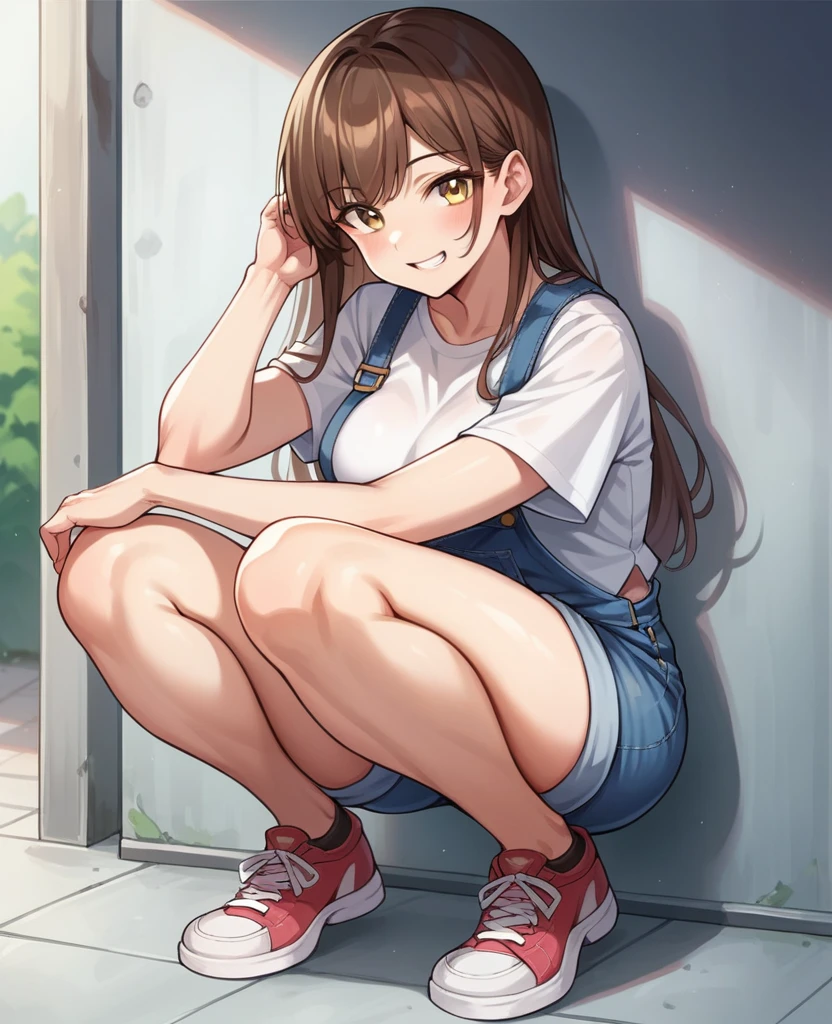 1girl, solo, long hair, breasts, looking at viewer, blush, smile, bangs, brown hair, shirt, brown eyes, yellow eyes, white shirt, short sleeves, sidelocks, thighs, shoes, grin, squatting, denim, sneakers, overalls, overall shorts
