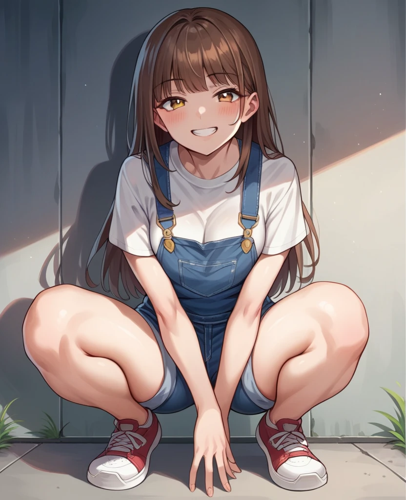 1girl, solo, long hair, breasts, looking at viewer, blush, smile, bangs, brown hair, shirt, brown eyes, yellow eyes, white shirt, short sleeves, sidelocks, thighs, shoes, grin, squatting, denim, sneakers, overalls, overall shorts
