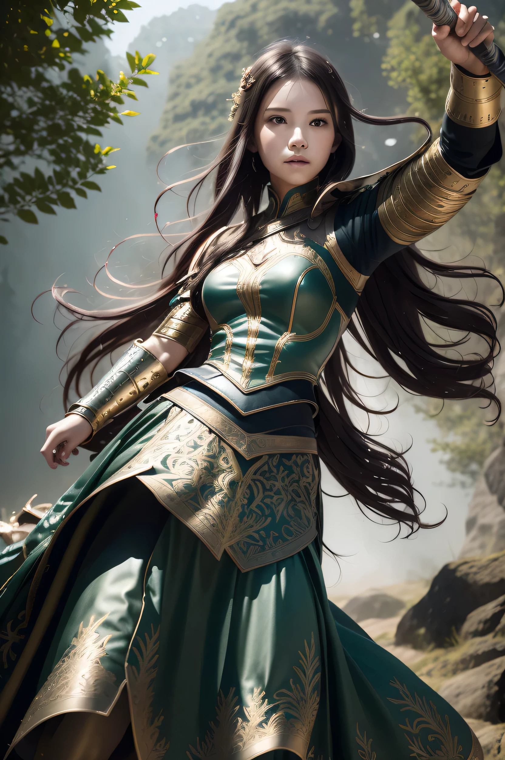 fancy, epic, Illustration in movie poster style, a girl standing in armor, swinging a sword, With a dynamic and magical background, Features striking and well-designed typographic elements.,standing, confidence, determined, swinging a sword, epic title, The Enchanted Forest, Shining Runes, bold text