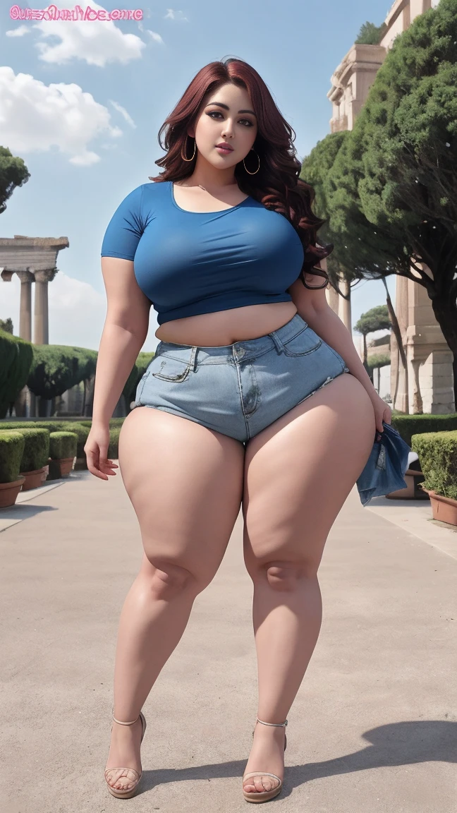 Madhubala Bollywood Beautiful Actress SHEIN LUNE Heart Shaped Dog Sexy Curvy Plus Size Huge Figure Women Wearing Round Neck Short Sleeve Crop Top, casual colors: dusty blue , Stylish forward facing posture, full body view, full body shot, View from head to toe, wedding head jewelry, thick thighs, busty, , full body shot, round belly, full body view, full body shot, thick body, View from head to toe, Coliseum, Roman, Italy: 고대 Roman 분위기를 느낄 수 있는 유서 깊은 원형극장.